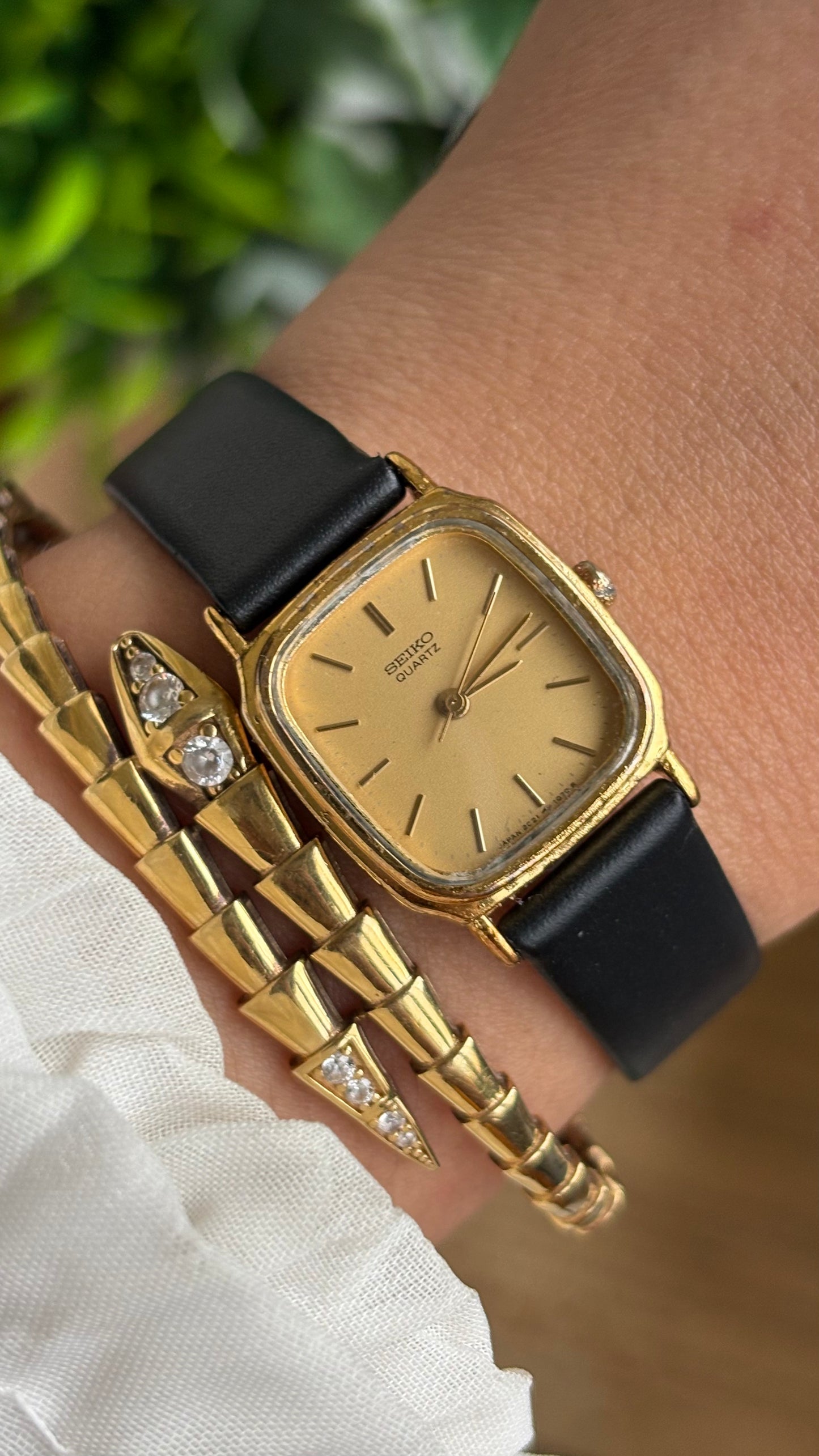 Vintage Seiko Mini Tank Watch in Black Leather Strap