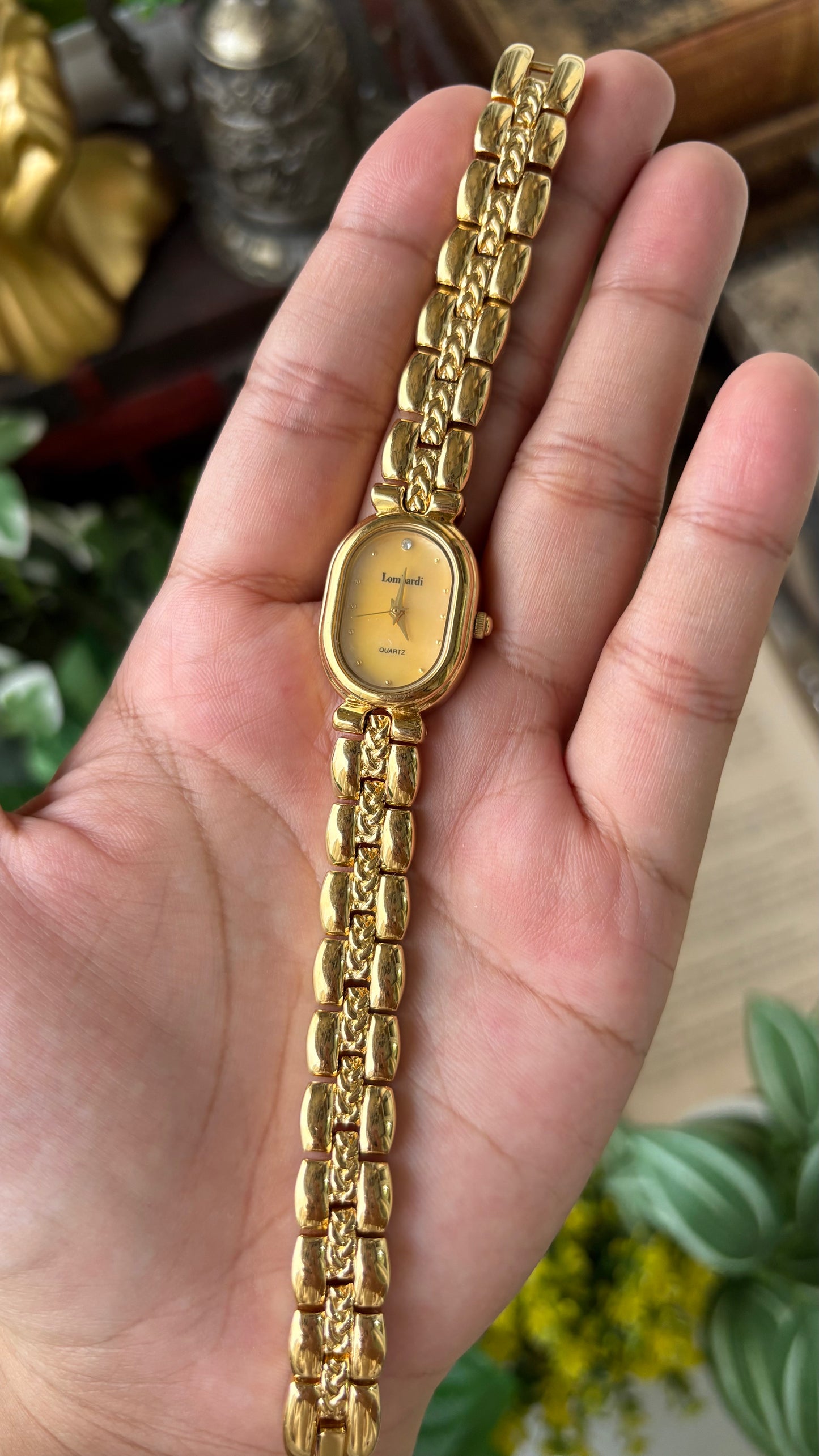 Vintage Lombardi Watch in Gold Tone Mother of Pearl Oval Dial Quartz