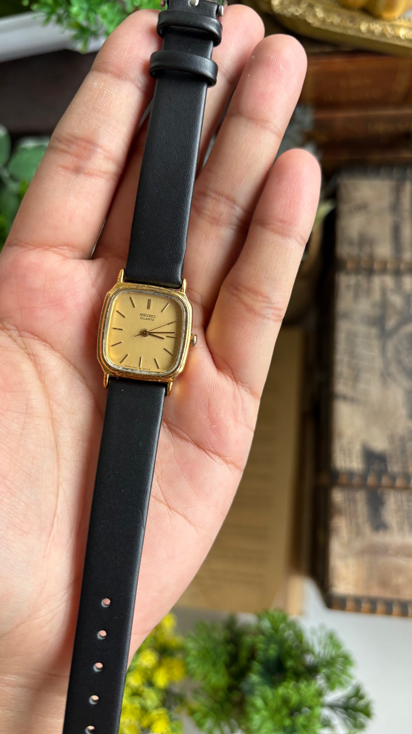 Vintage Seiko Mini Tank Watch in Black Leather Strap