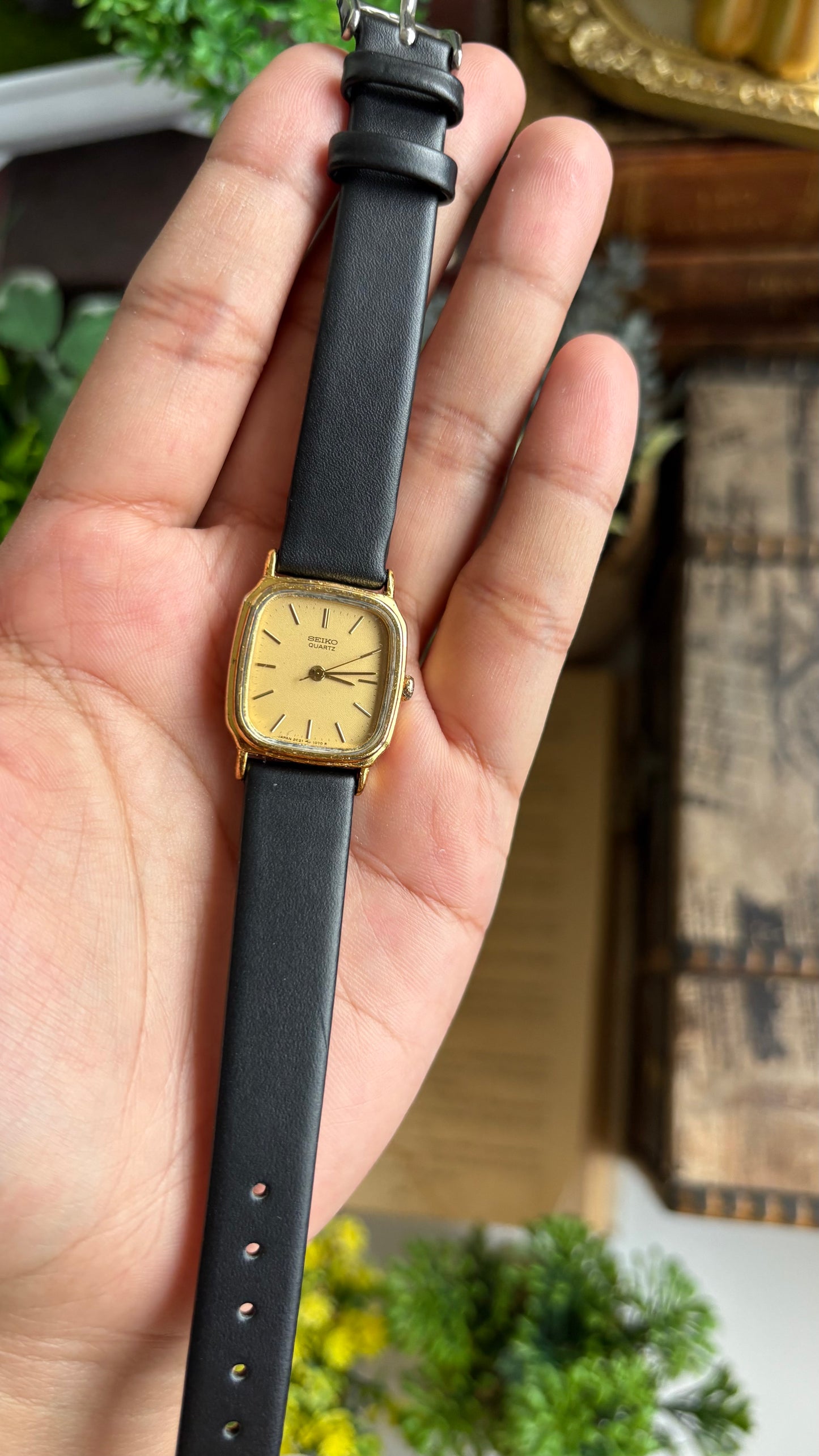 Vintage Seiko Mini Tank Watch in Black Leather Strap