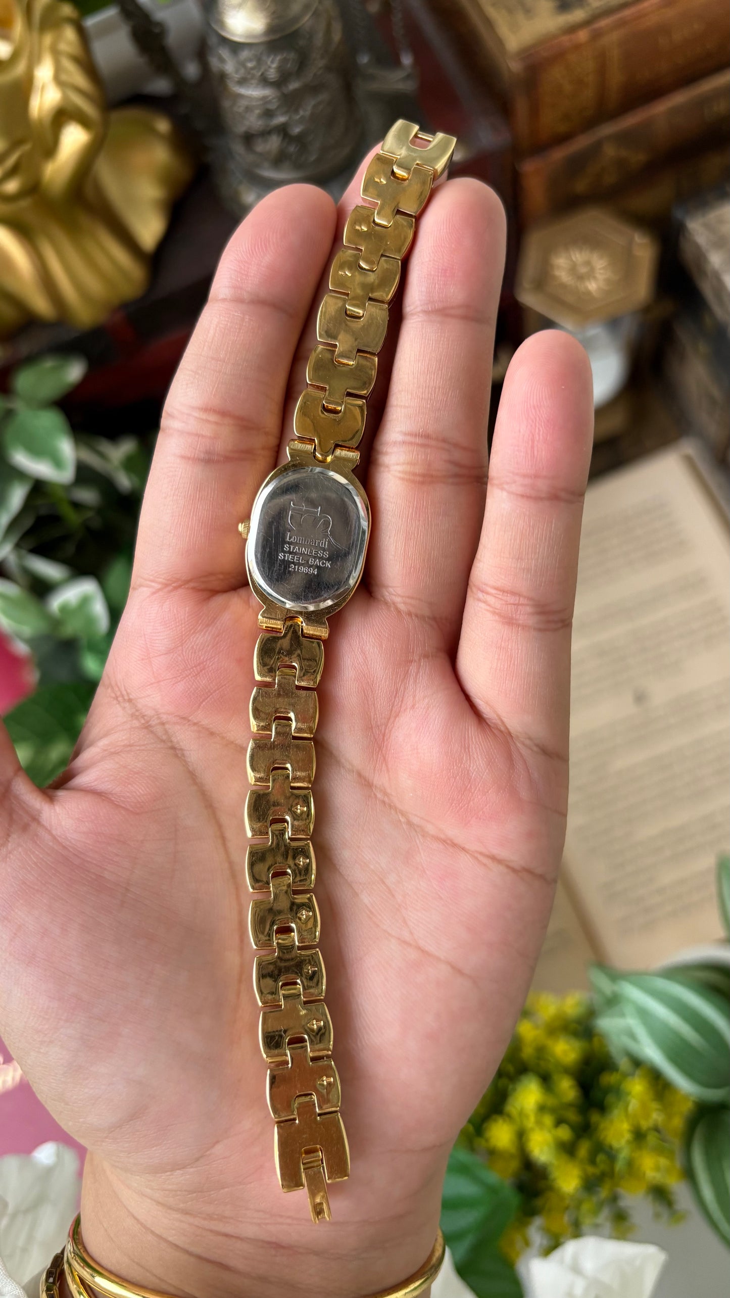 Vintage Lombardi Watch in Gold Tone Mother of Pearl Oval Dial Quartz