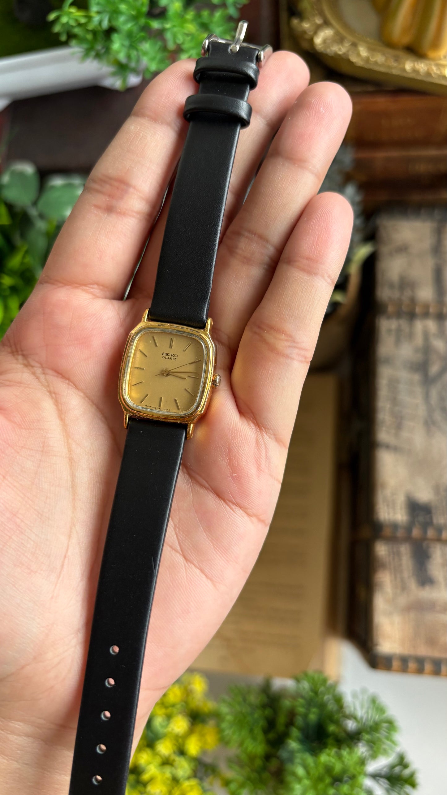 Vintage Seiko Mini Tank Watch in Black Leather Strap