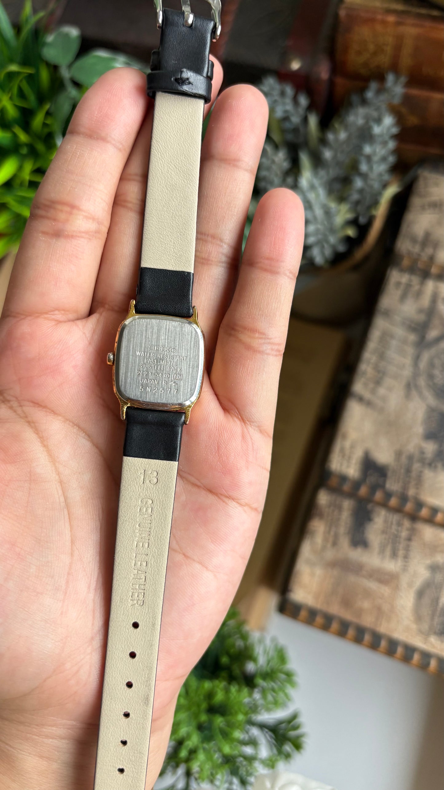 Vintage Seiko Mini Tank Watch in Black Leather Strap