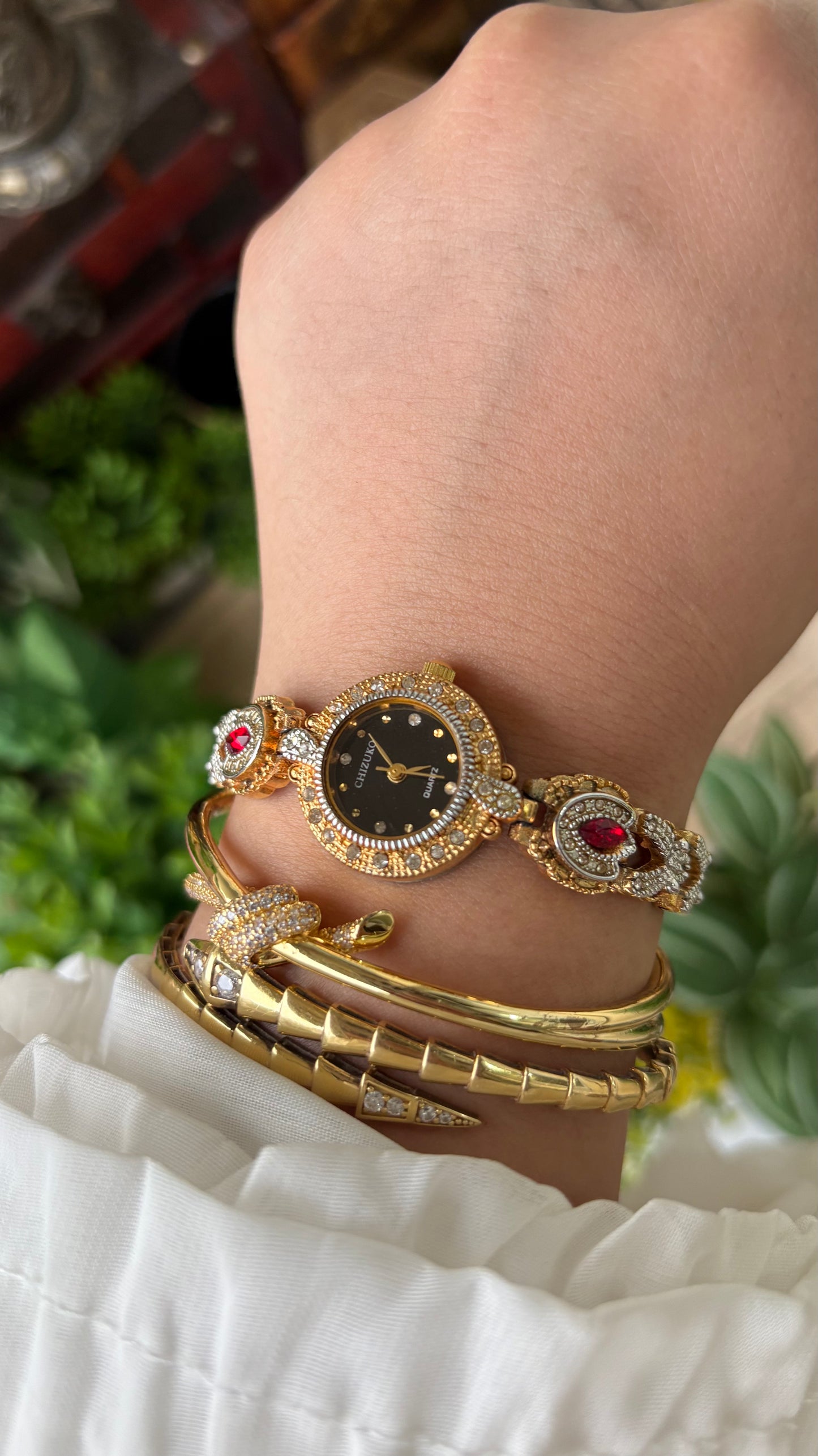 Rare Vintage Chizuko Bejeweled Watch in Gold Tone Quartz Garnet Stone