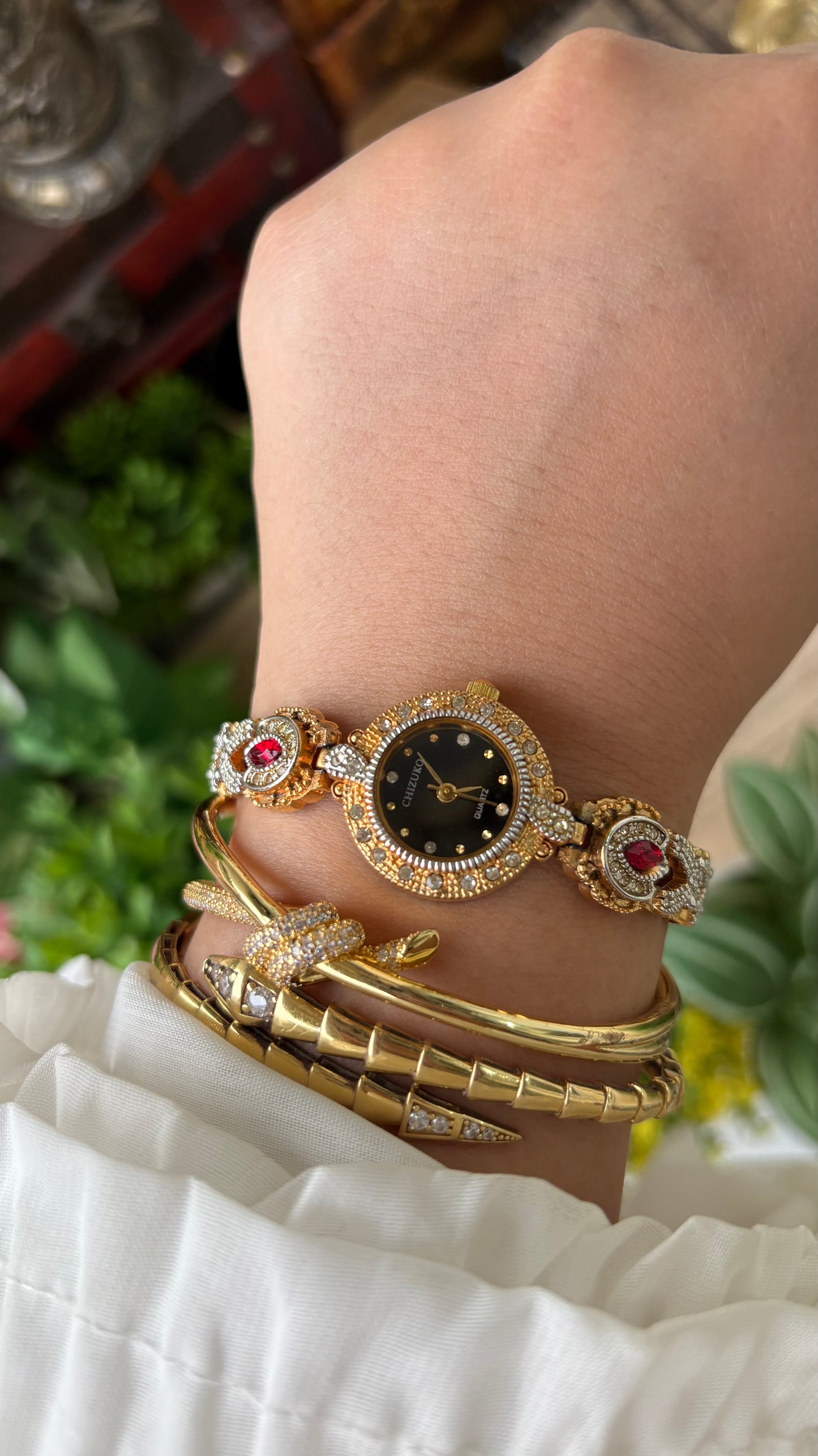 Rare Vintage Chizuko Bejeweled Watch in Gold Tone Quartz Garnet Stone