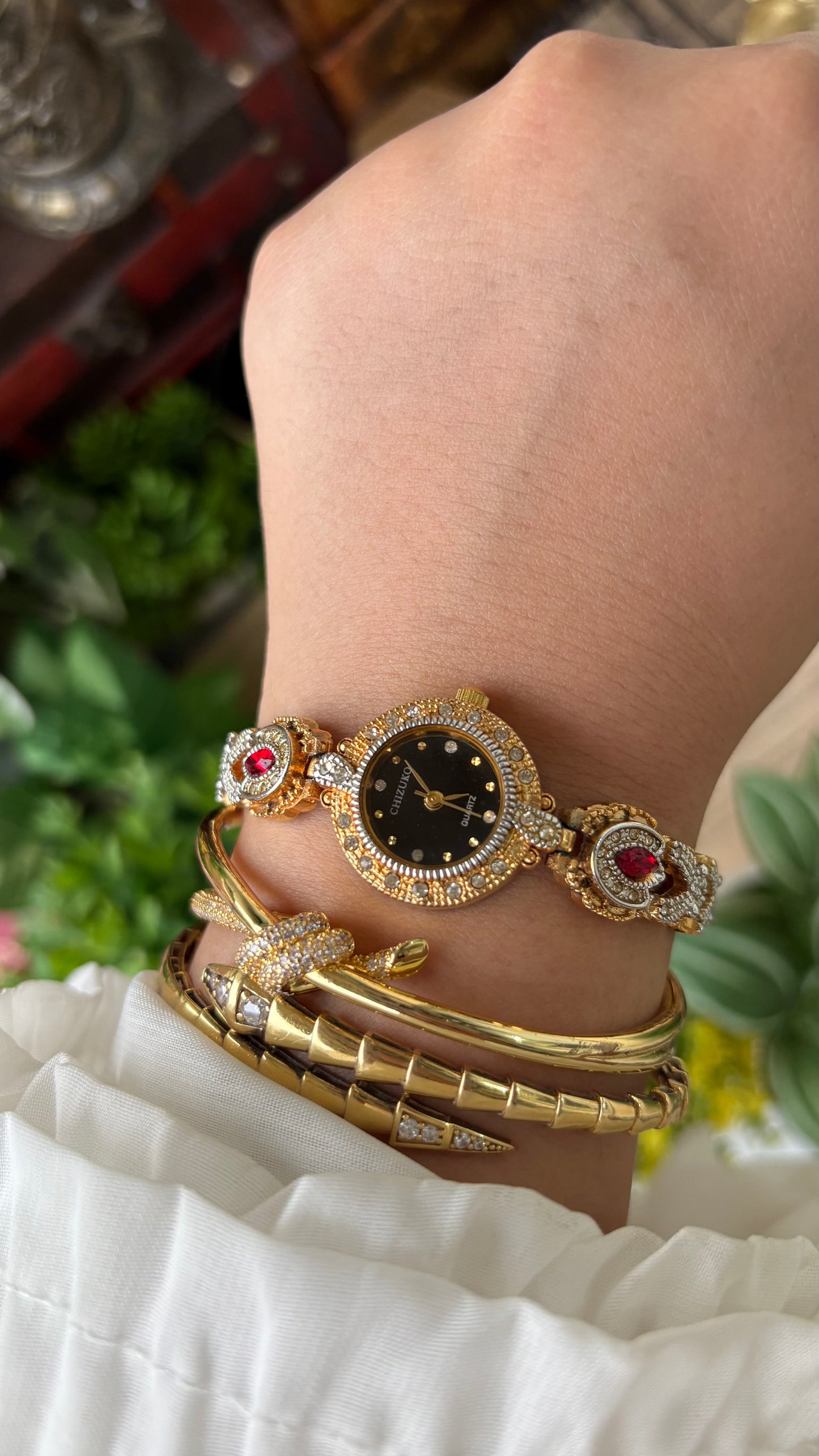 Rare Vintage Chizuko Bejeweled Watch in Gold Tone Quartz Garnet Stone