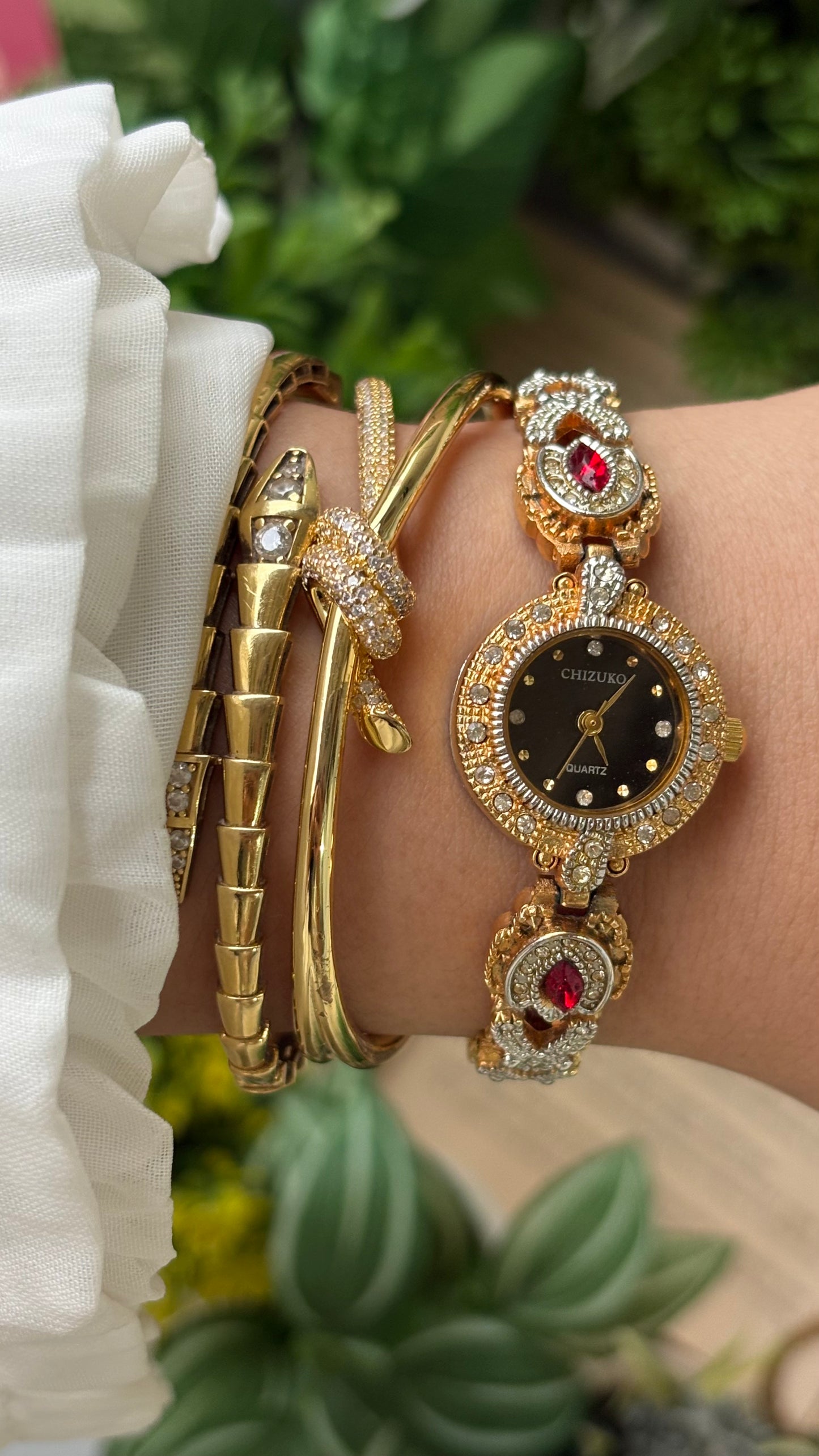 Rare Vintage Chizuko Bejeweled Watch in Gold Tone Quartz Garnet Stone