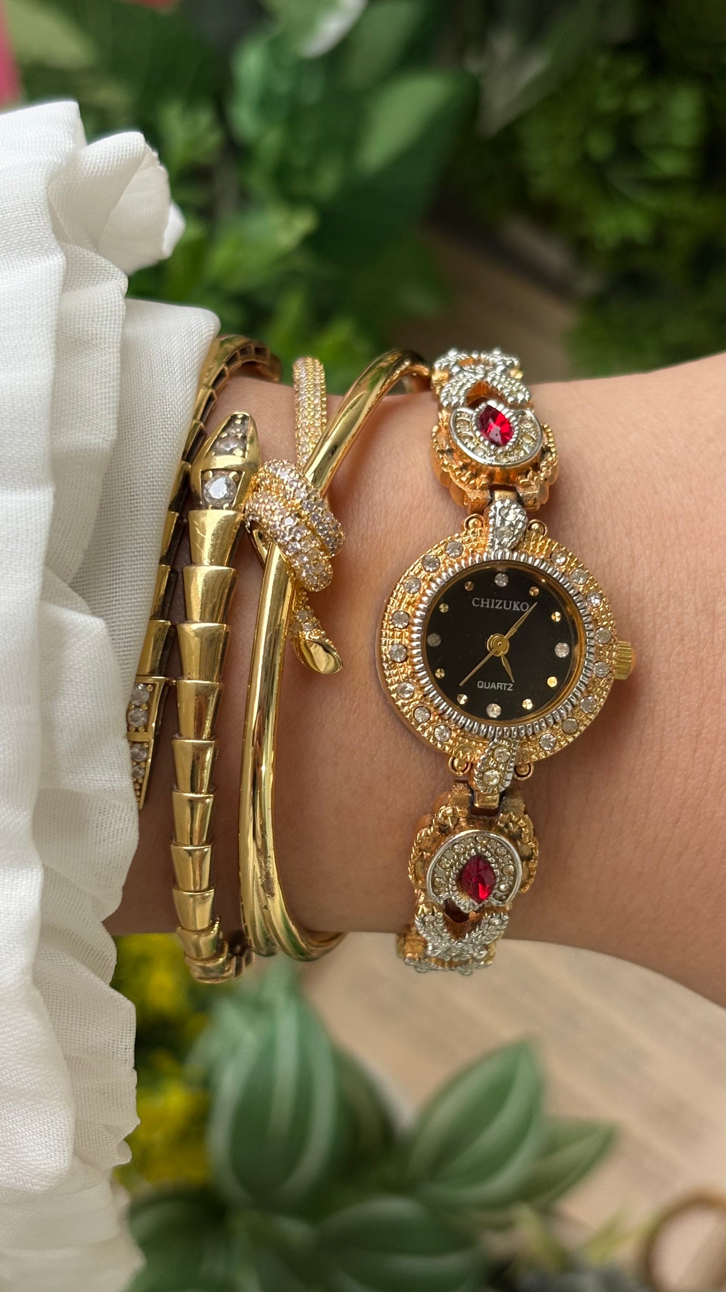 Rare Vintage Chizuko Bejeweled Watch in Gold Tone Quartz Garnet Stone
