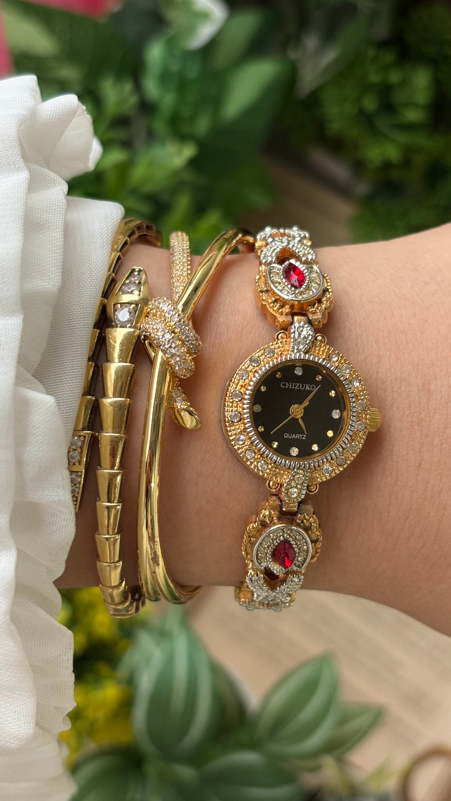 Rare Vintage Chizuko Bejeweled Watch in Gold Tone Quartz Garnet Stone