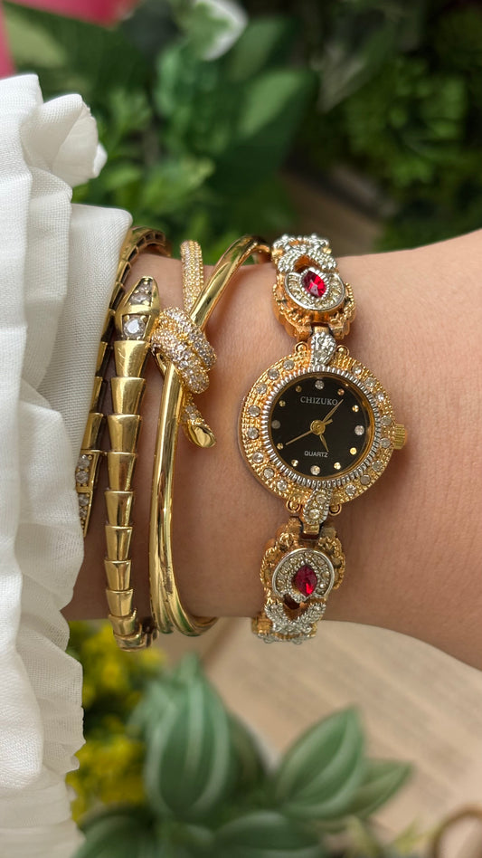 Rare Vintage Chizuko Bejeweled Watch in Gold Tone Quartz Garnet Stone