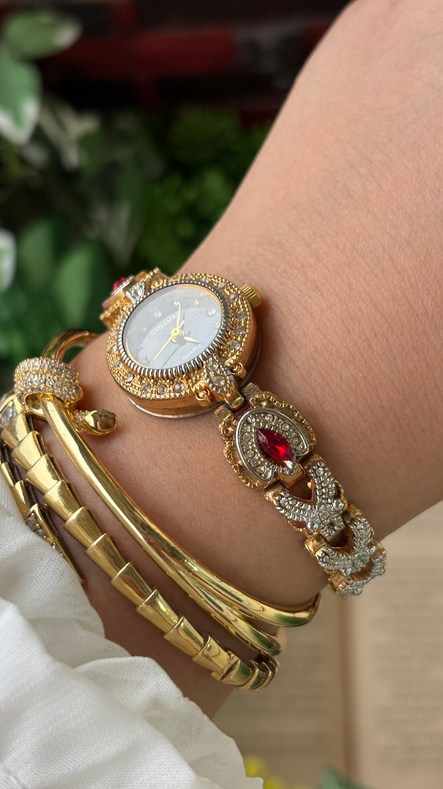 Rare Vintage Chizuko Bejeweled Watch in Gold Tone Quartz Garnet Stone