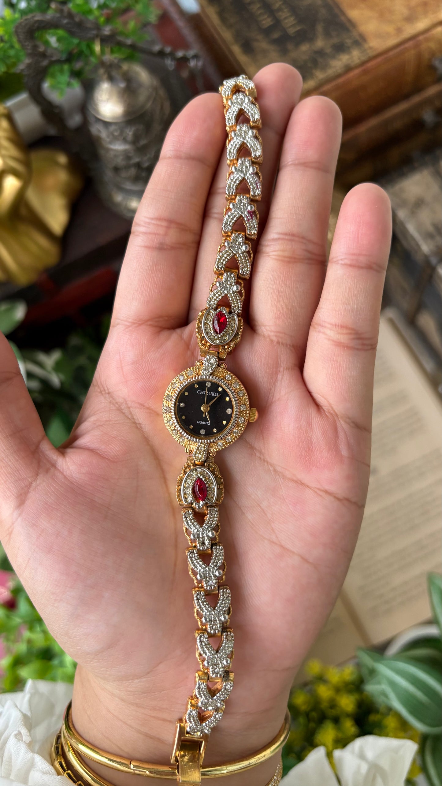 Rare Vintage Chizuko Bejeweled Watch in Gold Tone Quartz Garnet Stone
