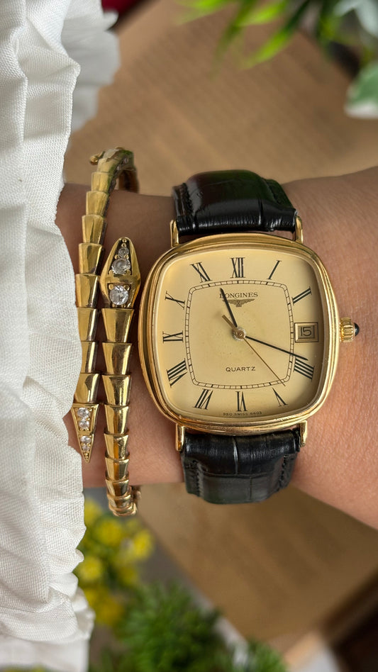 Vintage Longines Tank Watch in Black Leather Strap Roman Dial