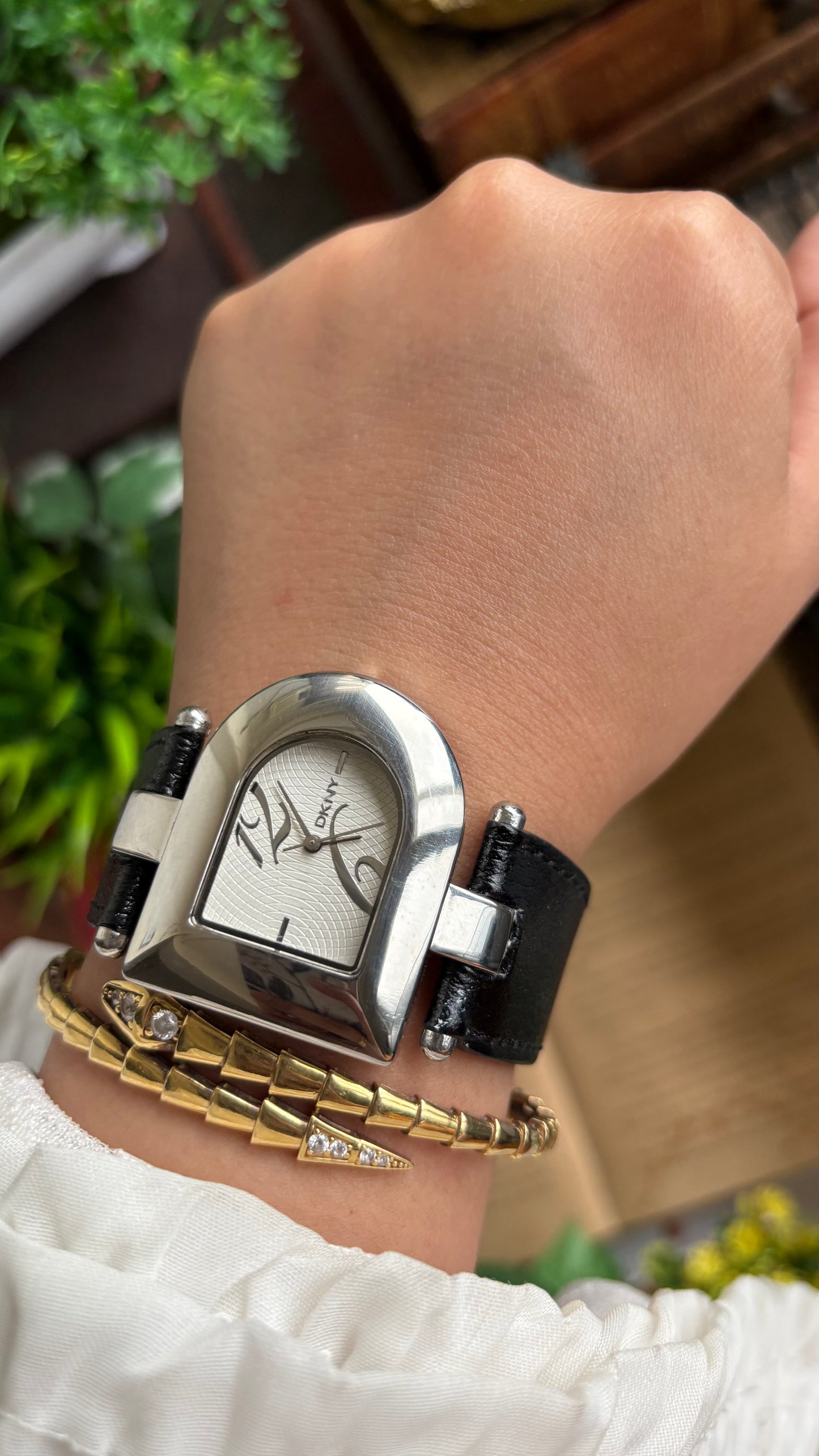 Vintage DKNY Half Moon Watch in Black Leather Strap