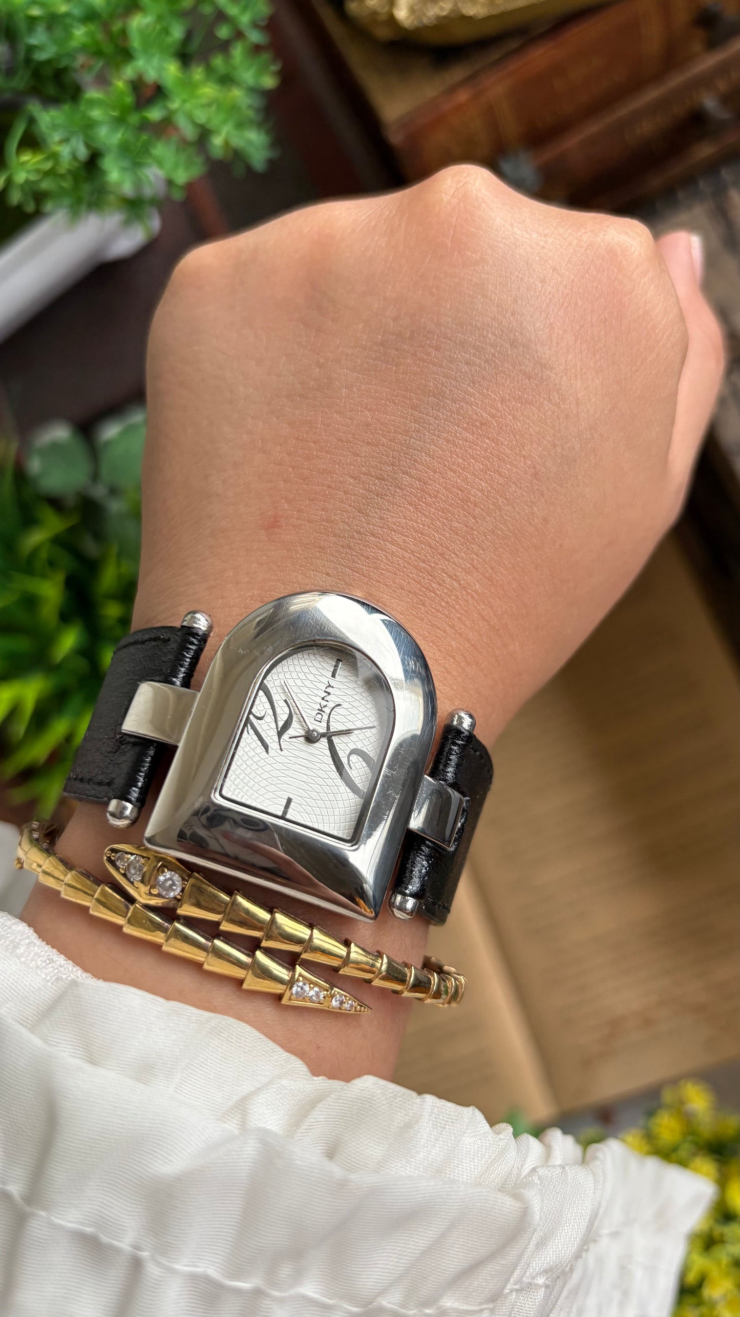 Vintage DKNY Half Moon Watch in Black Leather Strap