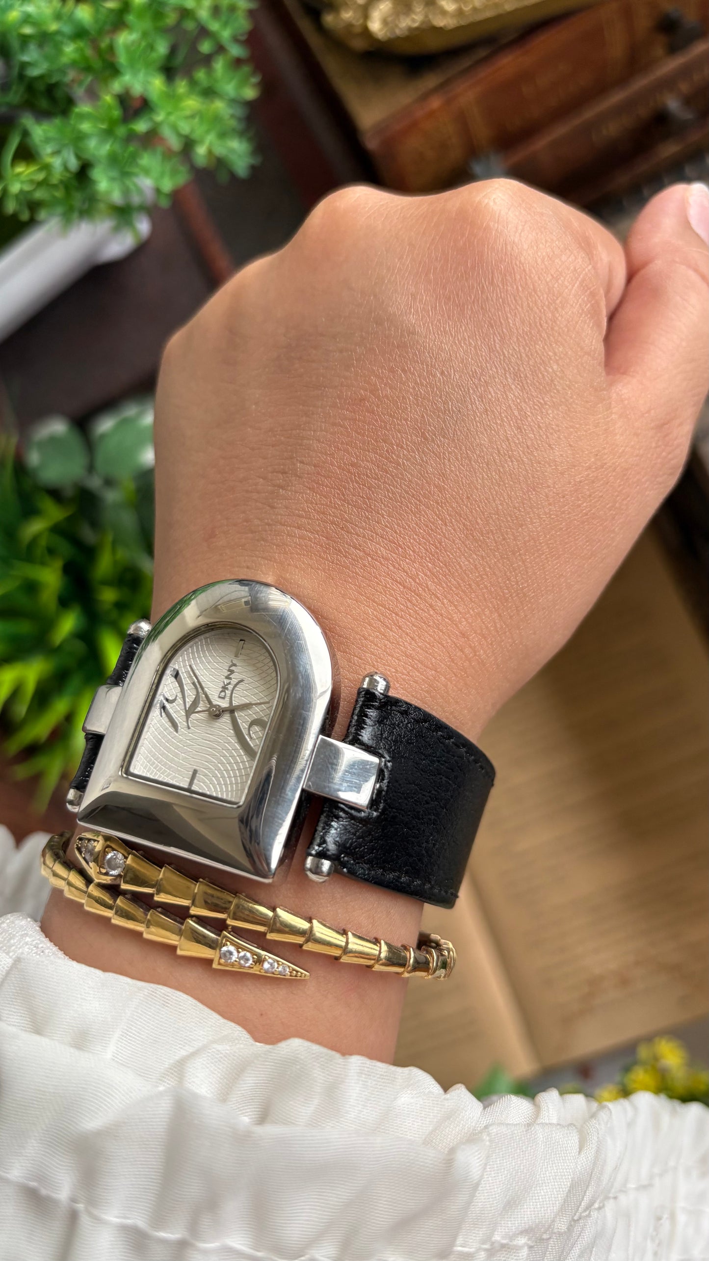 Vintage DKNY Half Moon Watch in Black Leather Strap