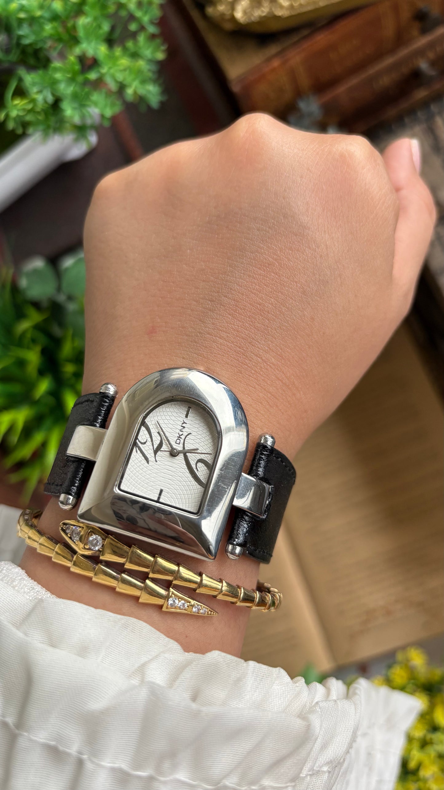 Vintage DKNY Half Moon Watch in Black Leather Strap