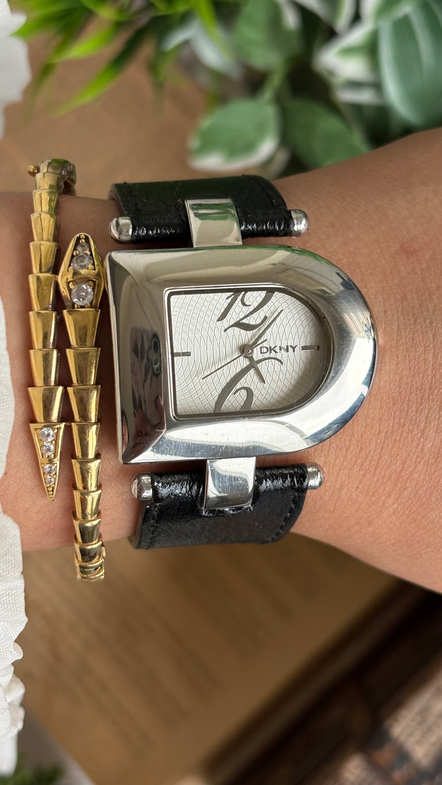 Vintage DKNY Half Moon Watch in Black Leather Strap