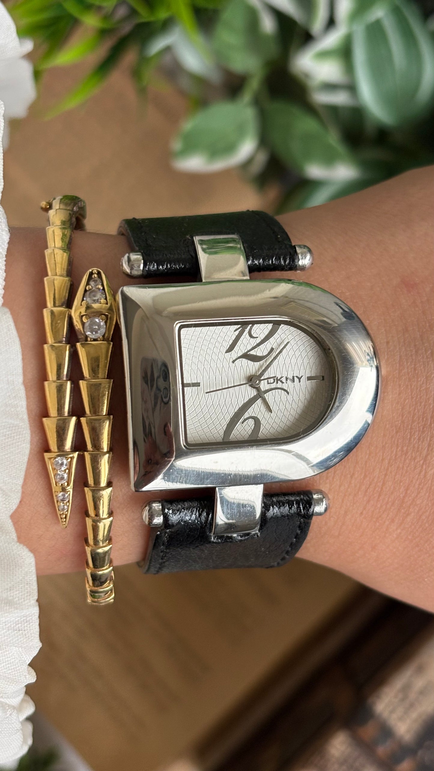 Vintage DKNY Half Moon Watch in Black Leather Strap