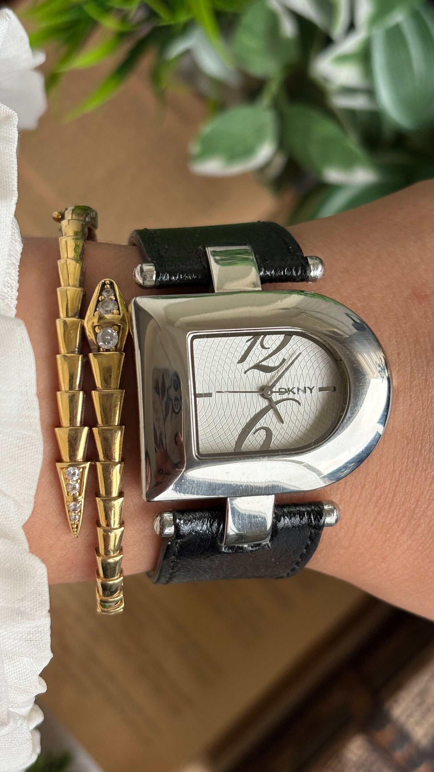 Vintage DKNY Half Moon Watch in Black Leather Strap