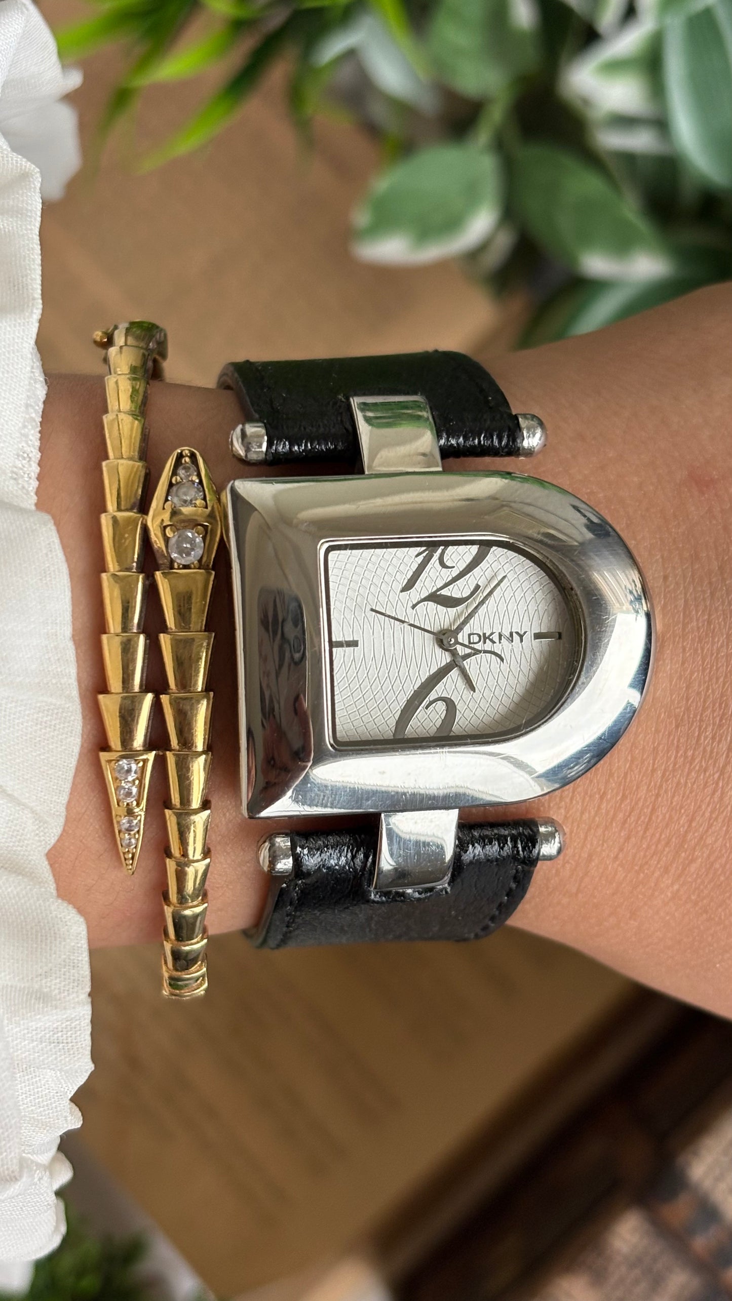 Vintage DKNY Half Moon Watch in Black Leather Strap