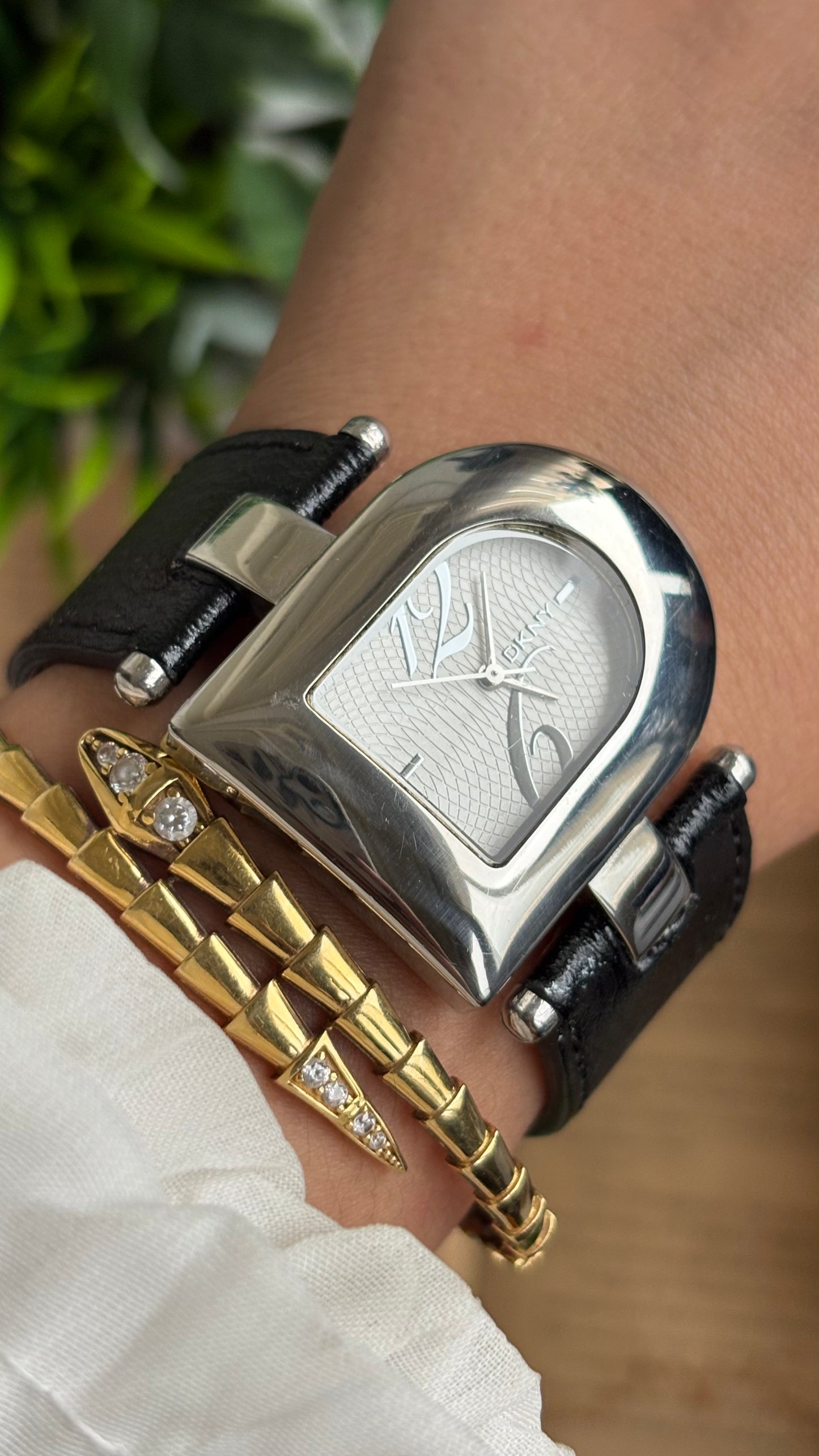 Vintage DKNY Half Moon Watch in Black Leather Strap