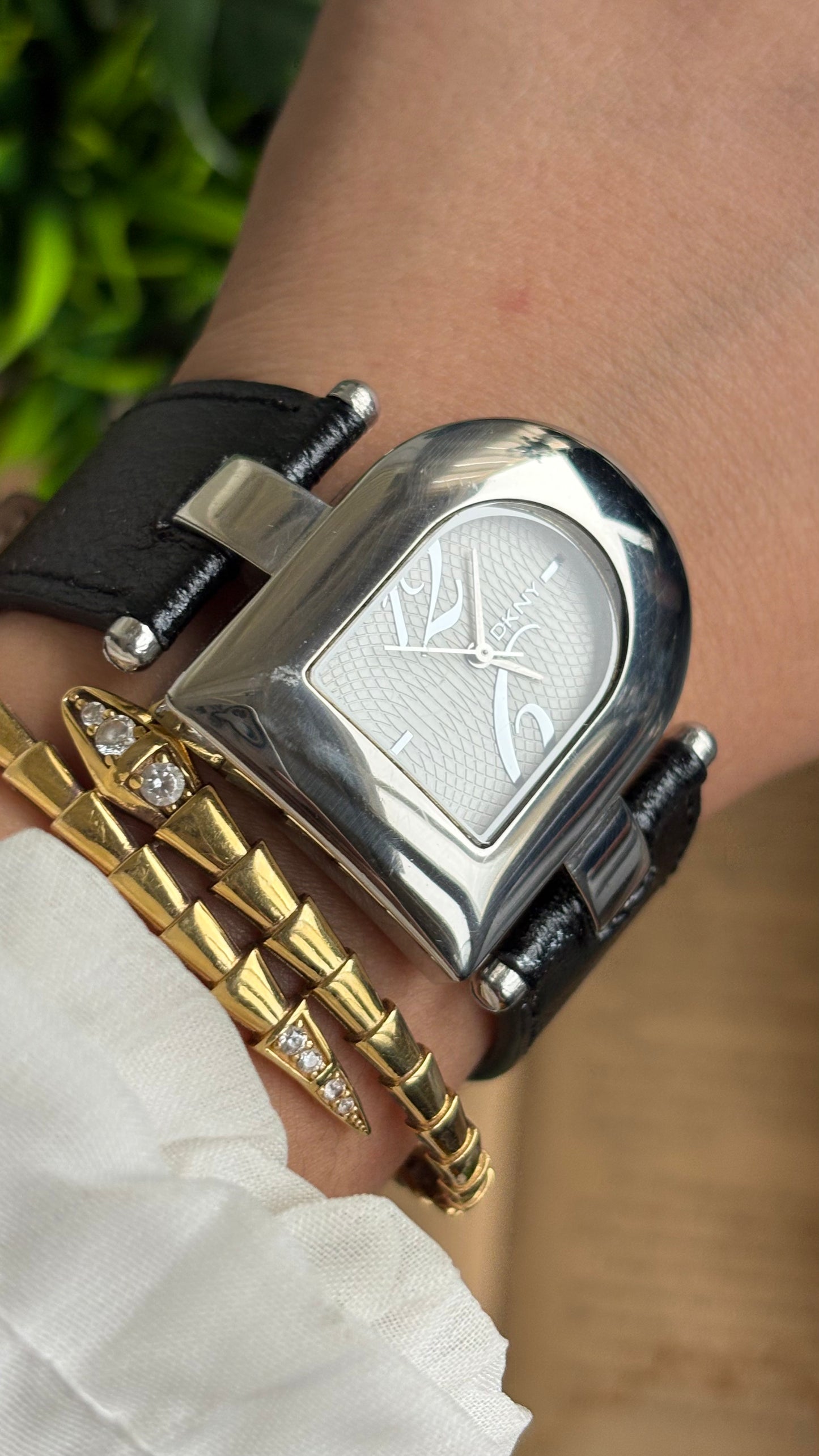 Vintage DKNY Half Moon Watch in Black Leather Strap
