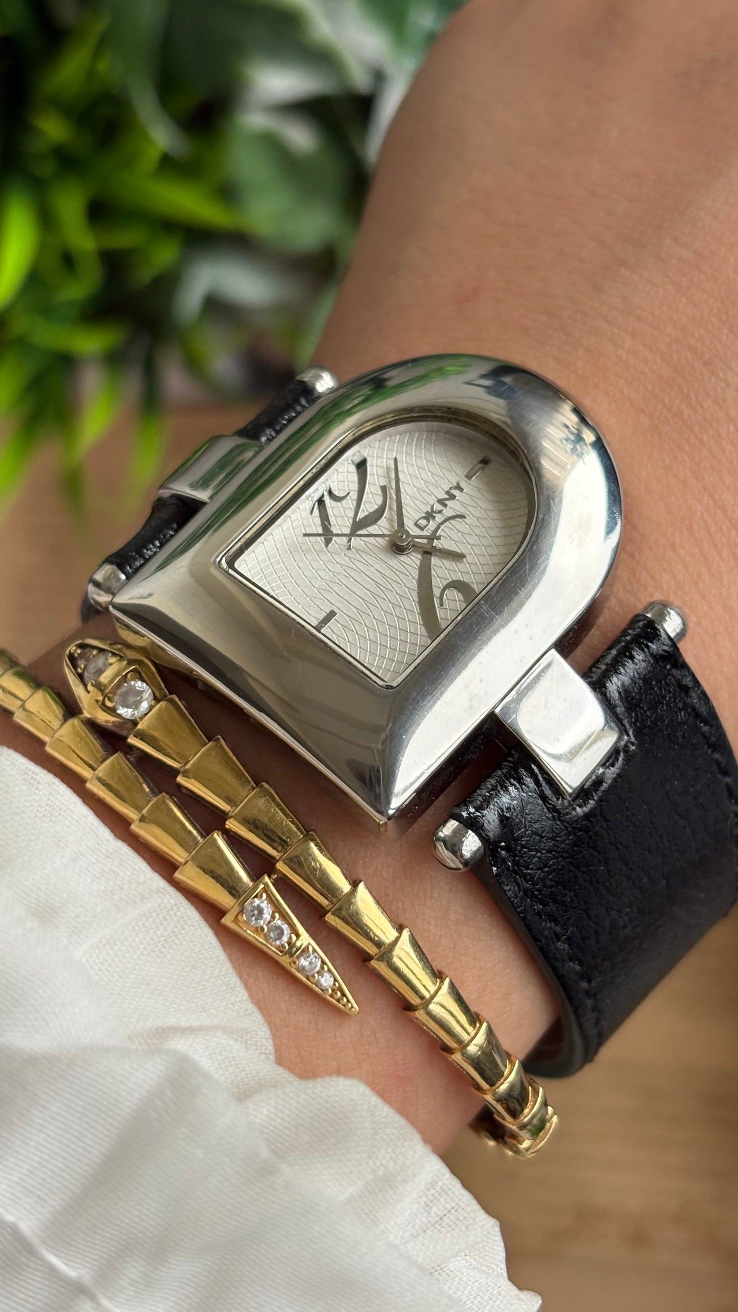 Vintage DKNY Half Moon Watch in Black Leather Strap
