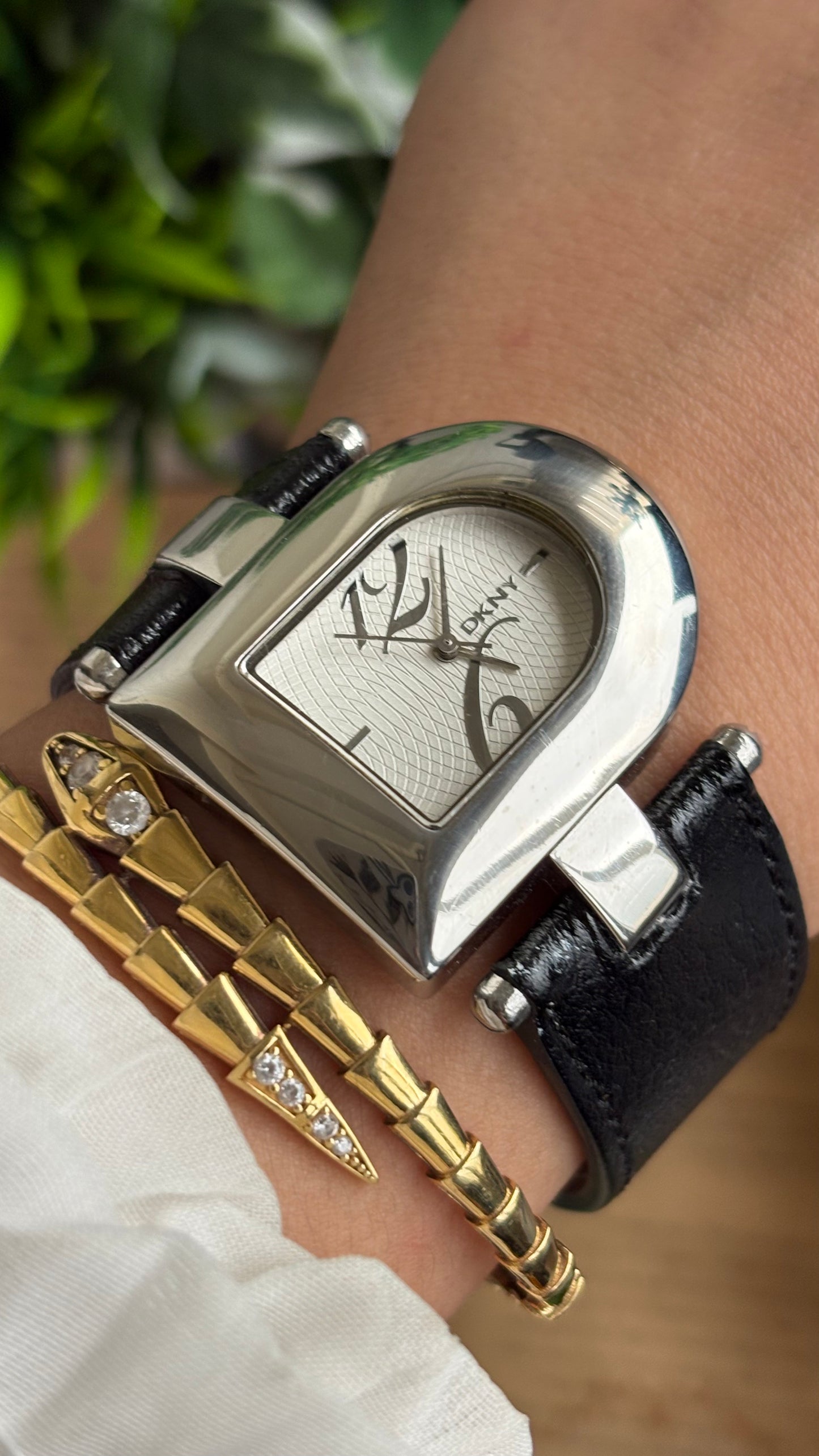 Vintage DKNY Half Moon Watch in Black Leather Strap