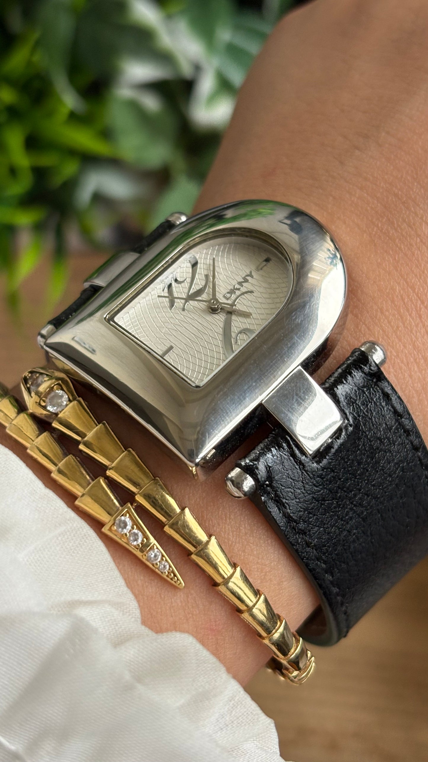 Vintage DKNY Half Moon Watch in Black Leather Strap