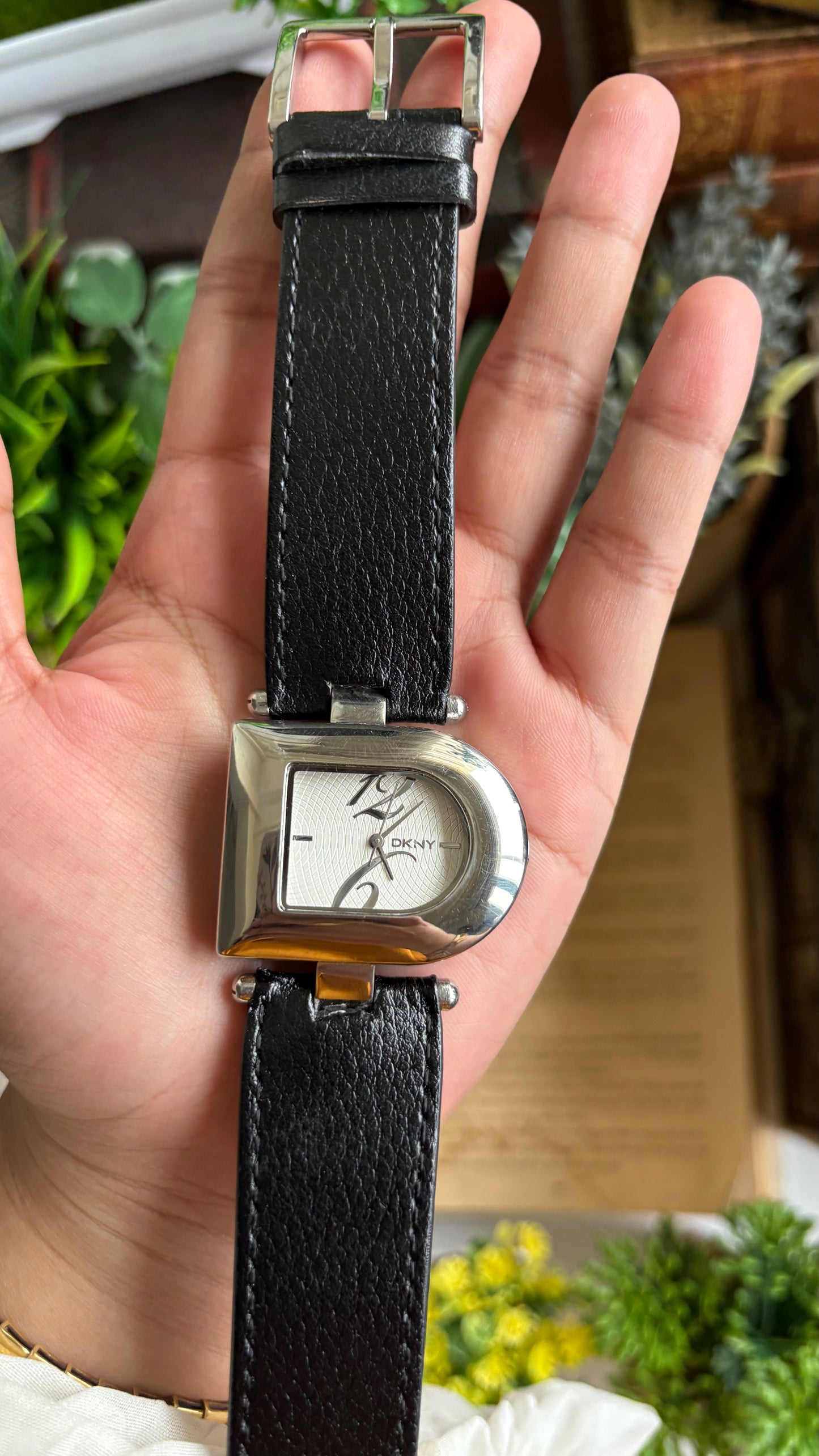 Vintage DKNY Half Moon Watch in Black Leather Strap
