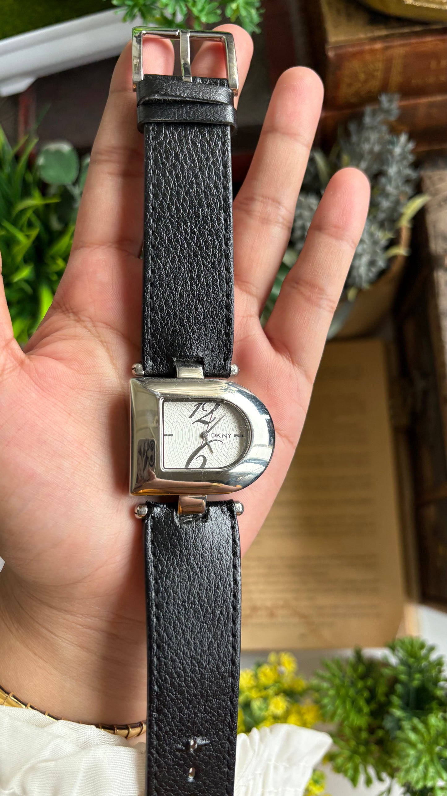 Vintage DKNY Half Moon Watch in Black Leather Strap