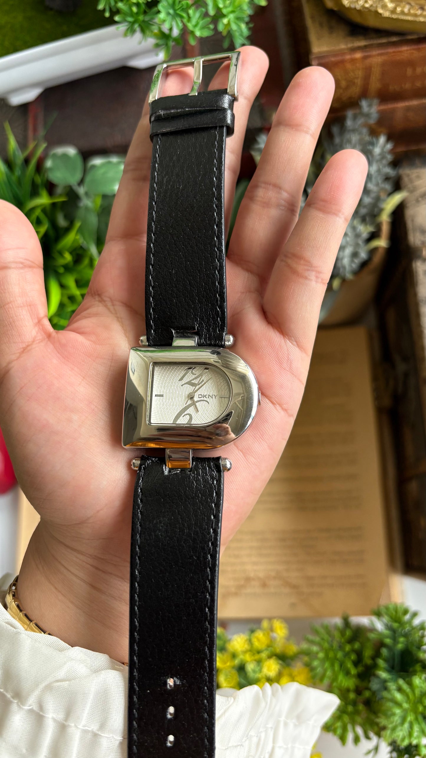 Vintage DKNY Half Moon Watch in Black Leather Strap