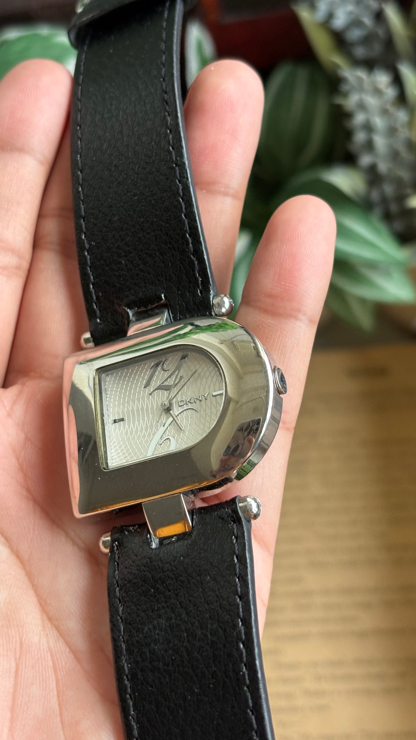 Vintage DKNY Half Moon Watch in Black Leather Strap