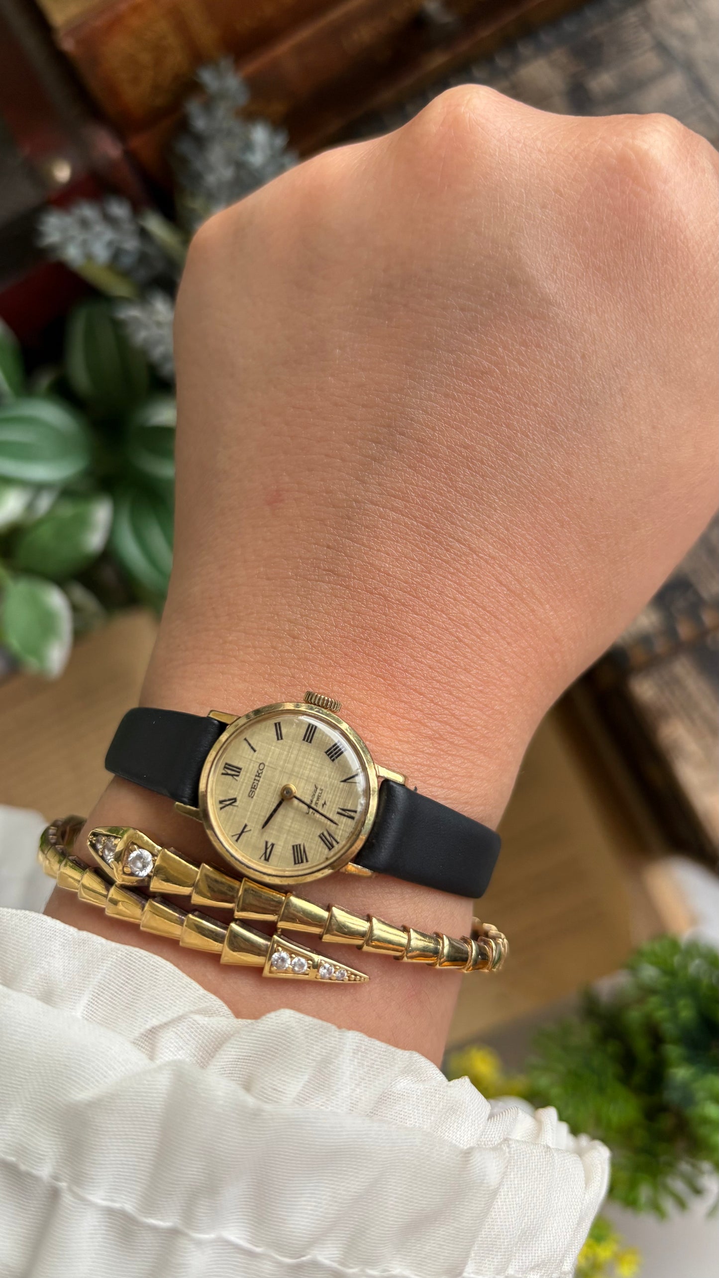 Vintage Seiko Watch in Black Leather Strap Roman Dial