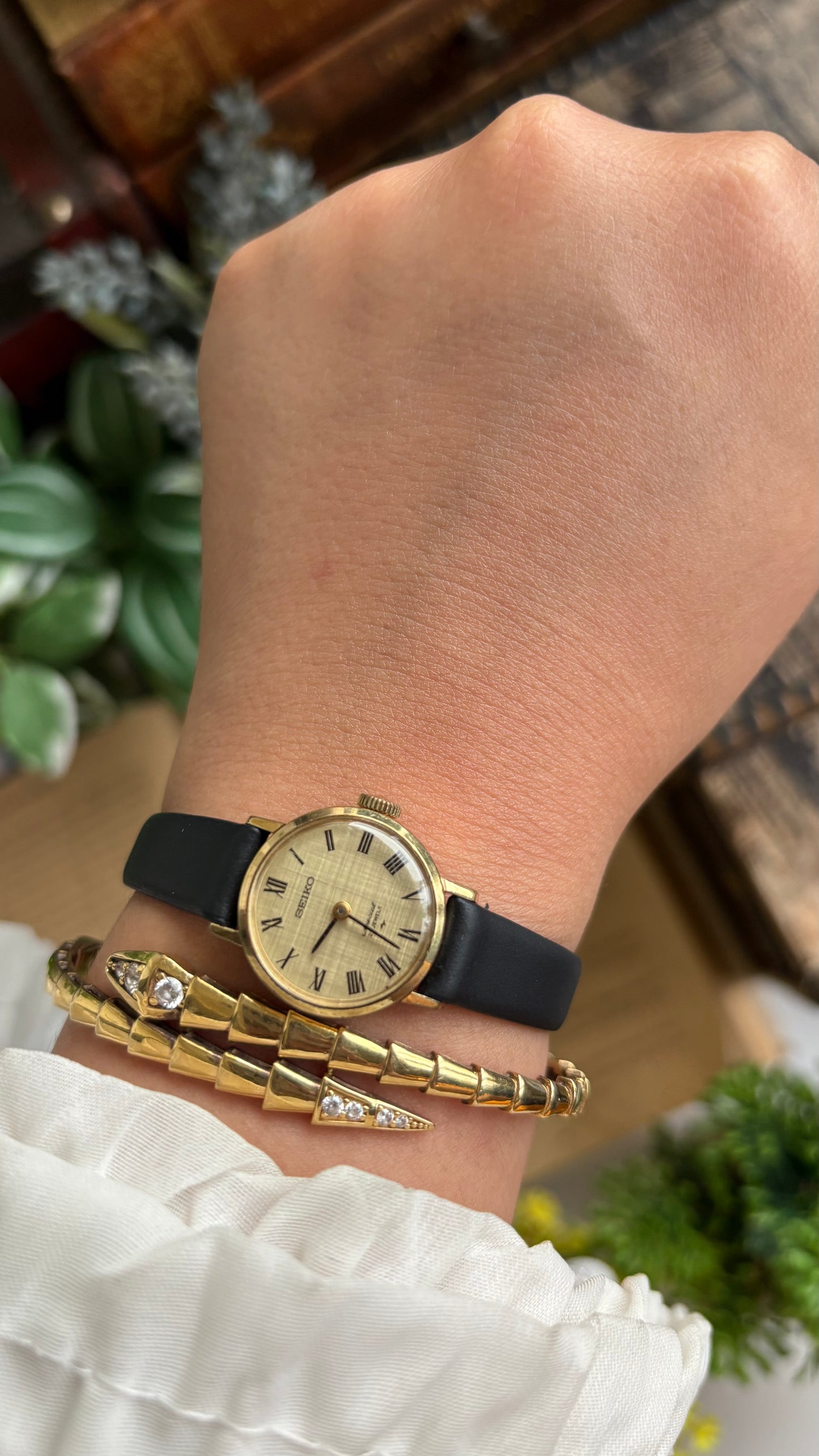 Vintage Seiko Watch in Black Leather Strap Roman Dial