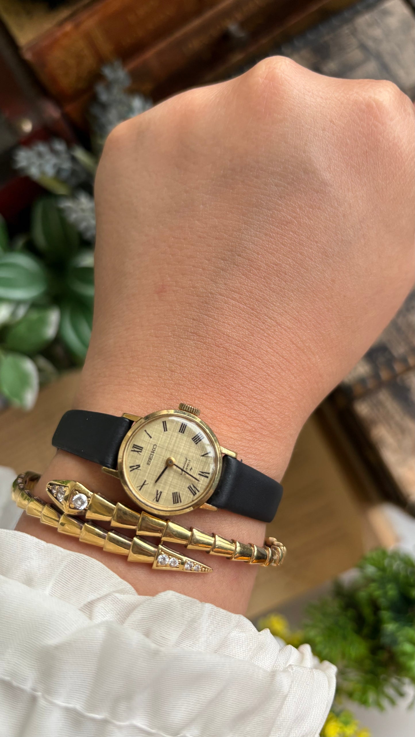 Vintage Seiko Watch in Black Leather Strap Roman Dial