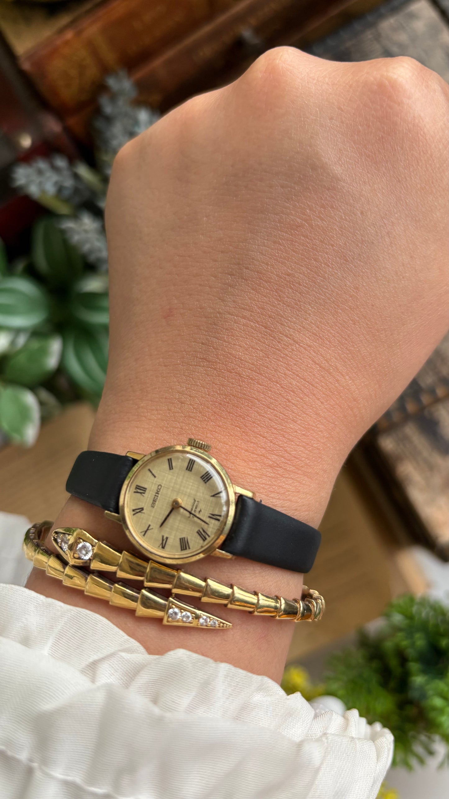 Vintage Seiko Watch in Black Leather Strap Roman Dial