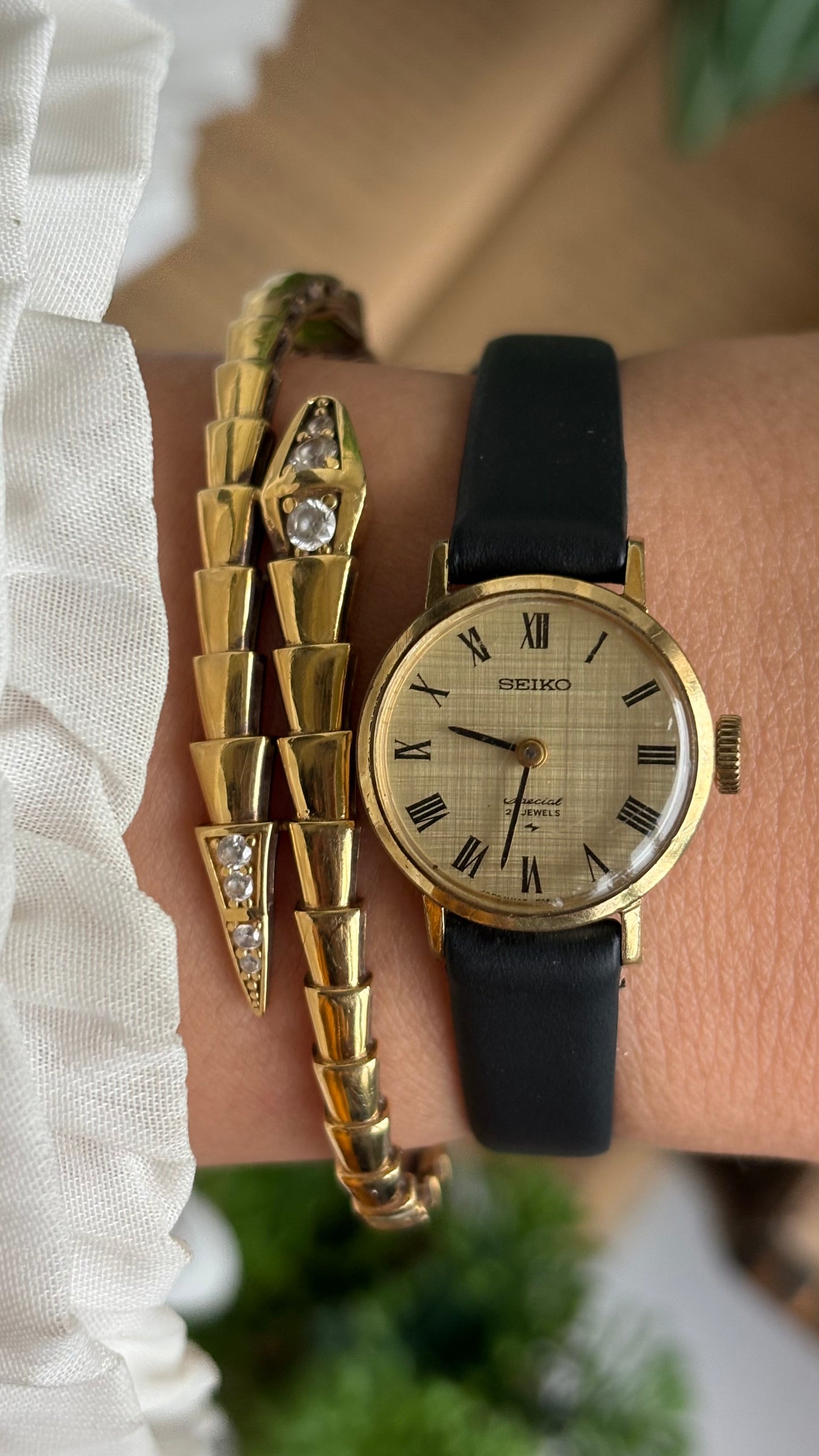 Vintage Seiko Watch in Black Leather Strap Roman Dial