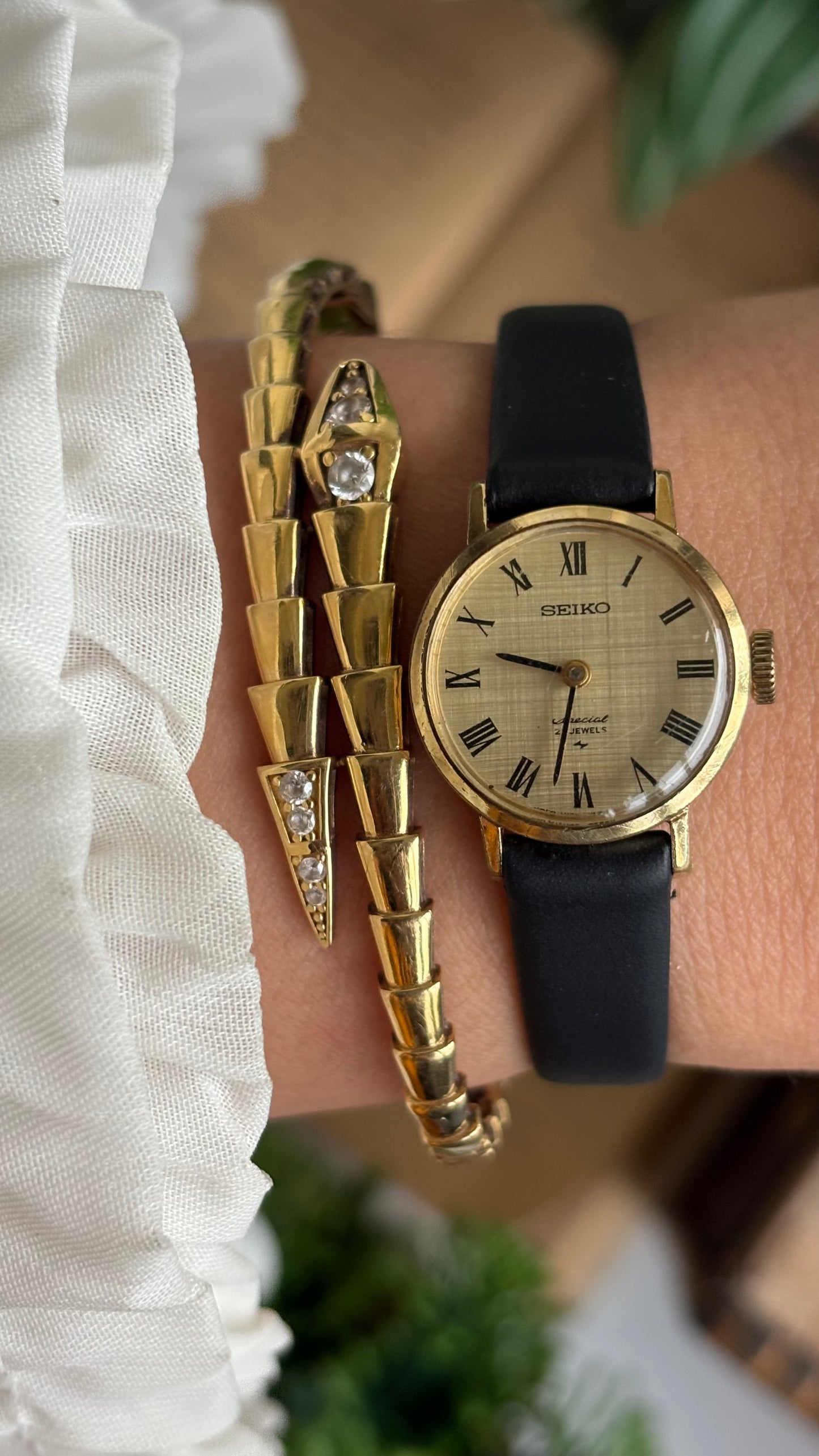Vintage Seiko Watch in Black Leather Strap Roman Dial