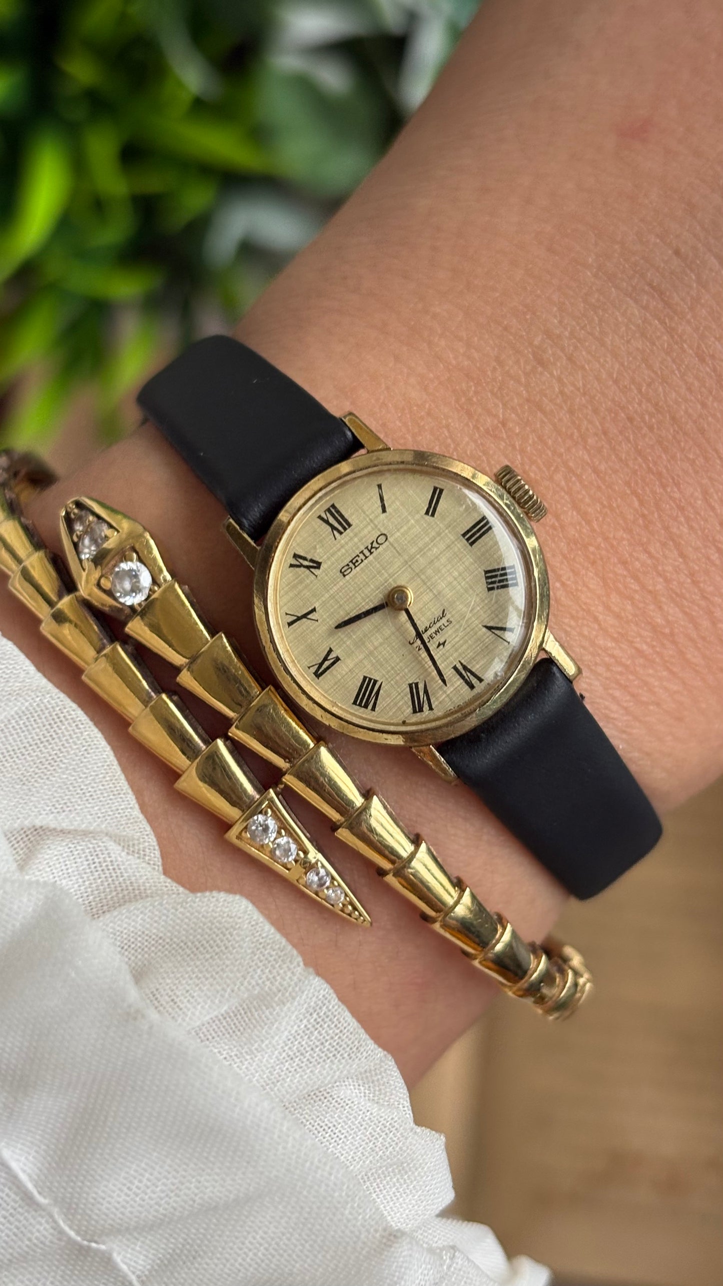 Vintage Seiko Watch in Black Leather Strap Roman Dial