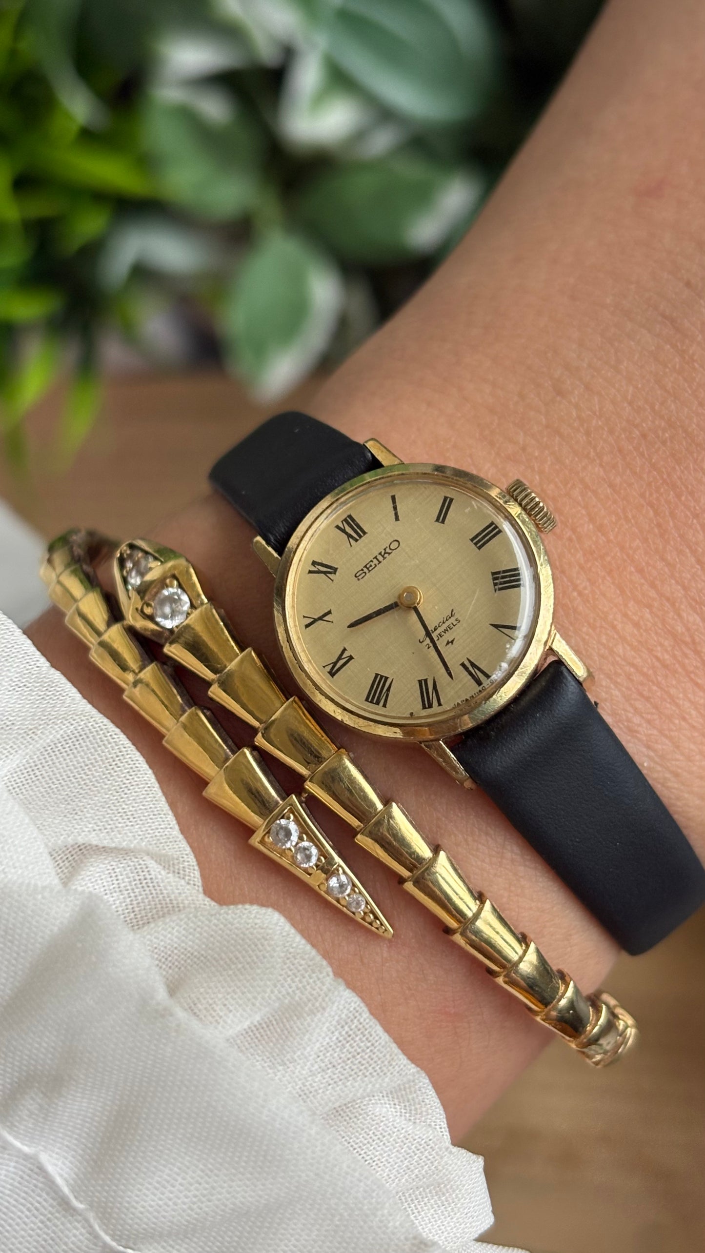 Vintage Seiko Watch in Black Leather Strap Roman Dial