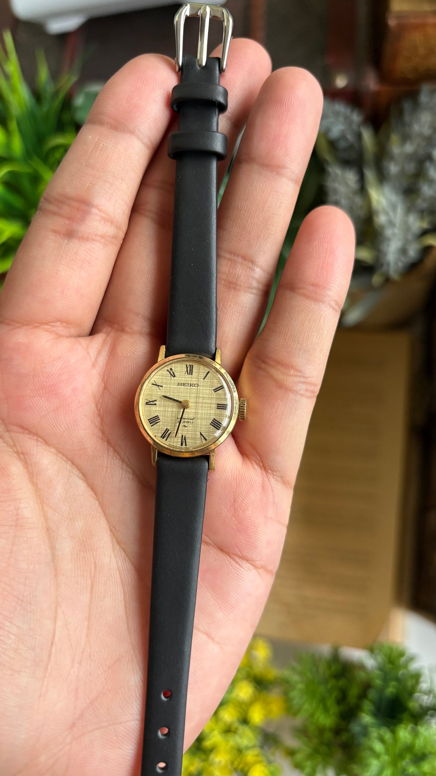 Vintage Seiko Watch in Black Leather Strap Roman Dial