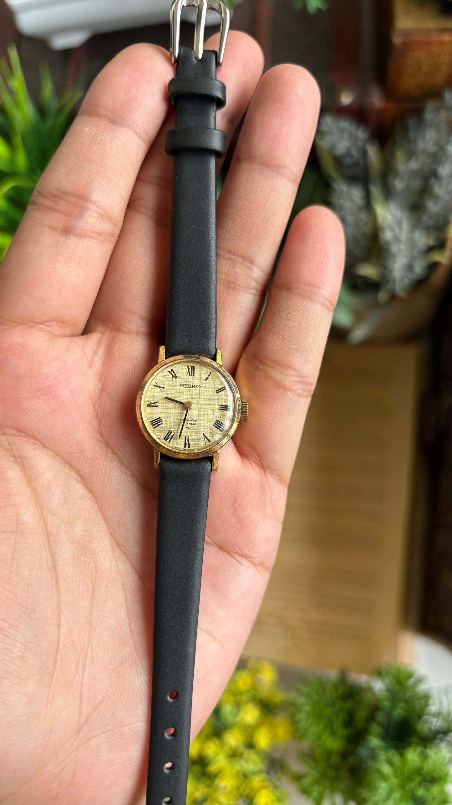 Vintage Seiko Watch in Black Leather Strap Roman Dial