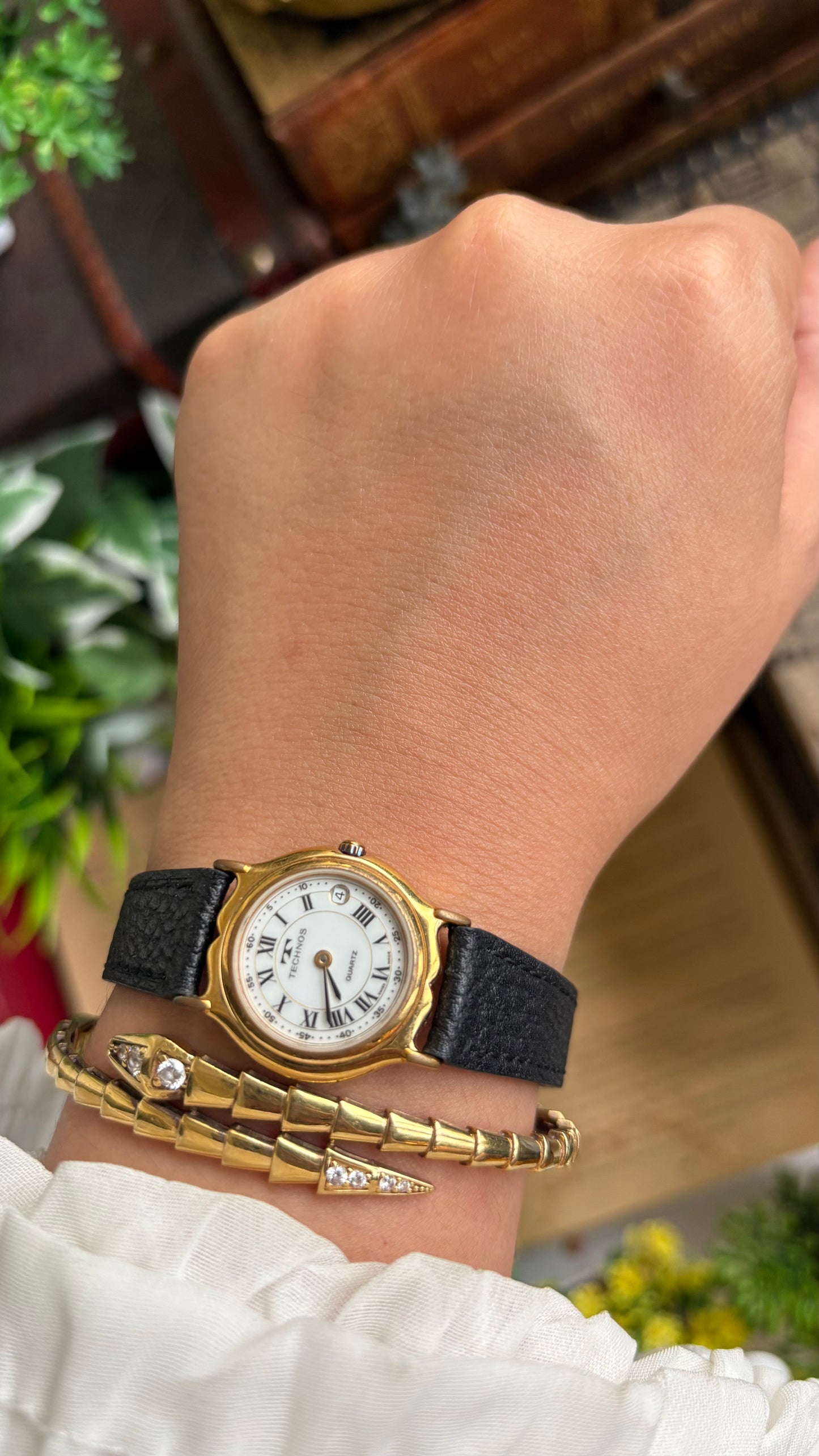 Vintage Technos Swiss Watch in Black Leather Strap Roman Dial with Window Date