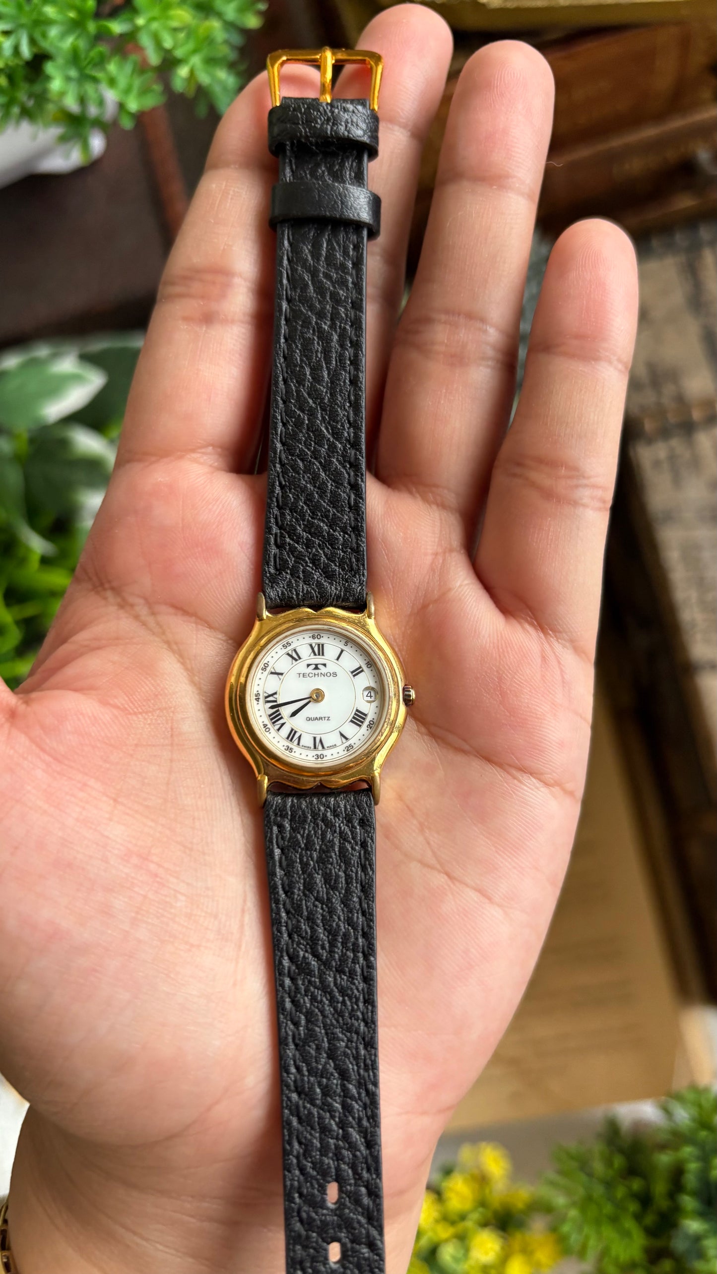 Vintage Technos Swiss Watch in Black Leather Strap Roman Dial with Window Date