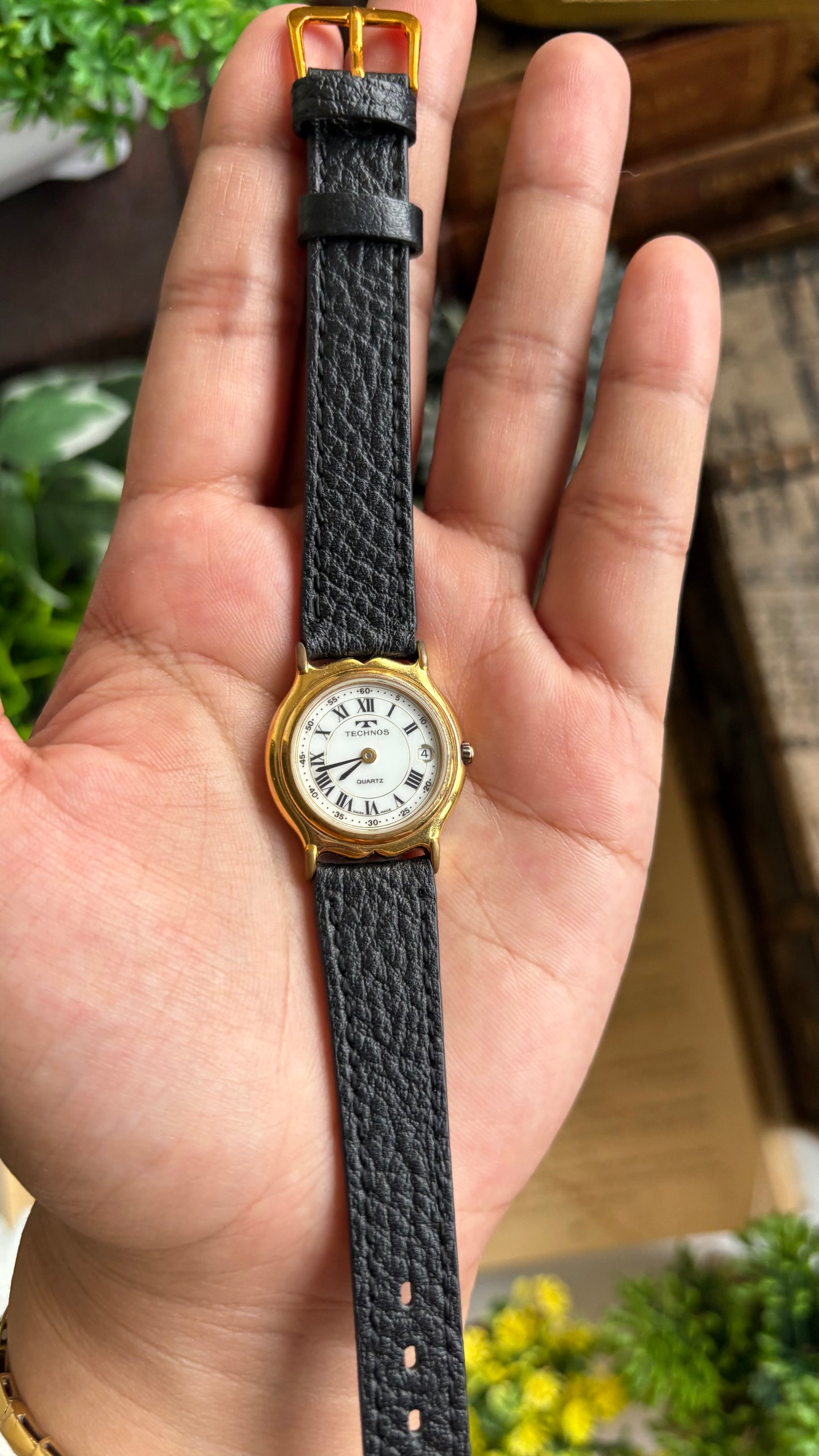 Vintage Technos Swiss Watch in Black Leather Strap Roman Dial with Window Date