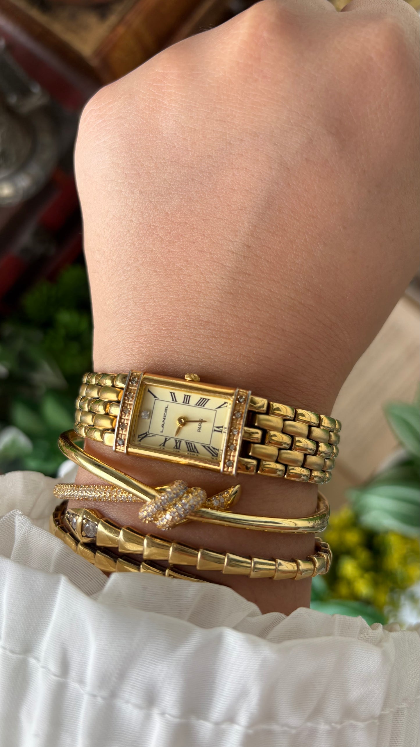 Extremely Rare Vintage Lancel Paris Bejeweled Tank Watch in Gold Tone Japan Quartz