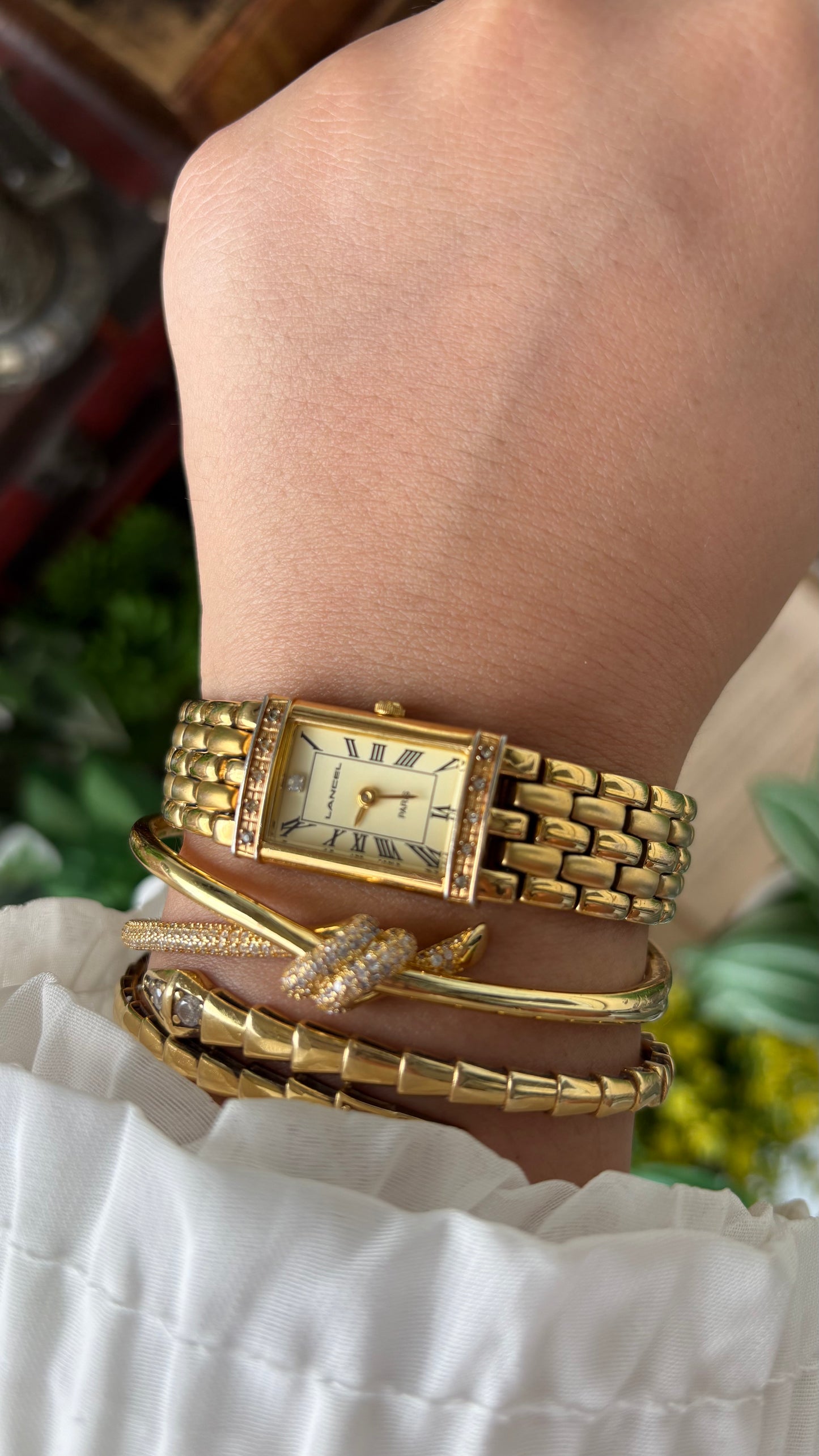 Extremely Rare Vintage Lancel Paris Bejeweled Tank Watch in Gold Tone Japan Quartz