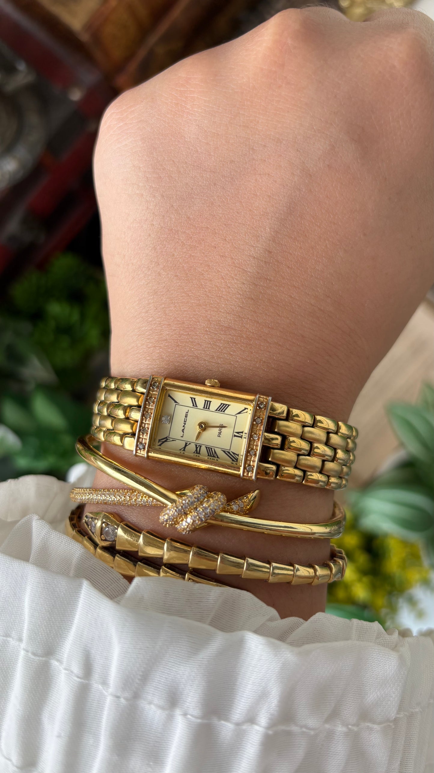 Extremely Rare Vintage Lancel Paris Bejeweled Tank Watch in Gold Tone Japan Quartz